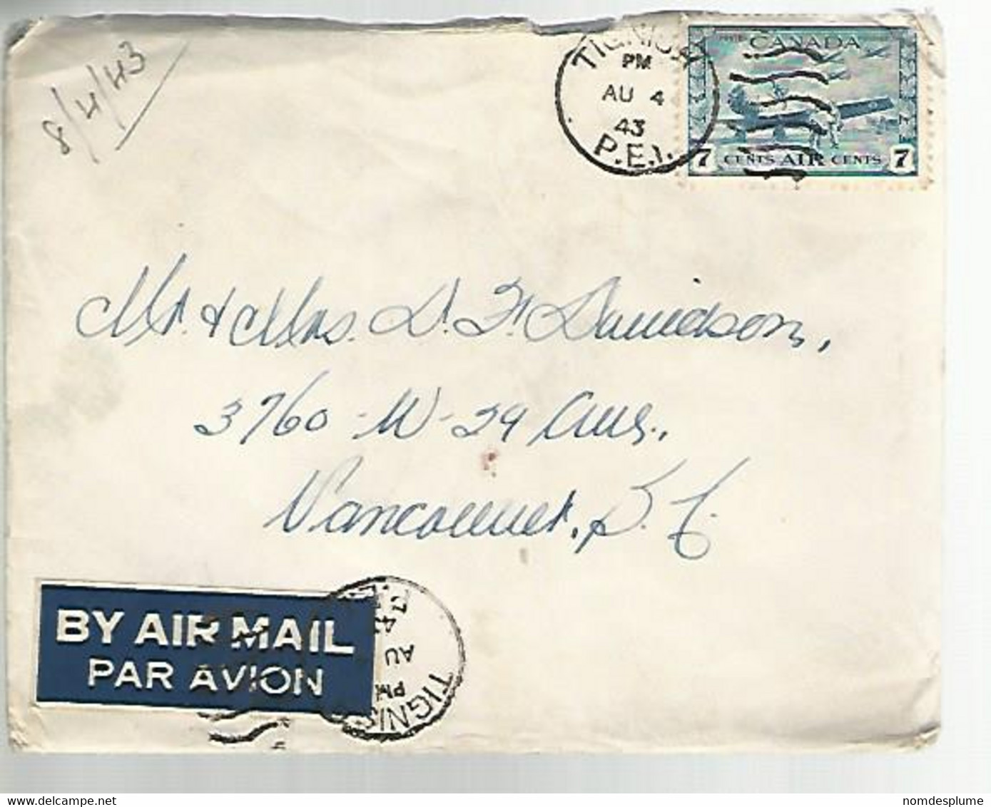 57736) Canada Tignish 1943 Postmark Cancel Military Mail Air Mail - Luchtpost