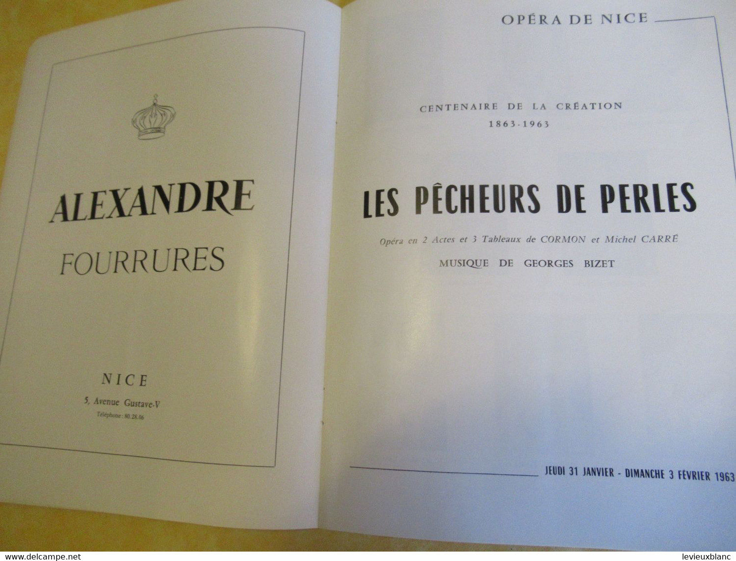 Programme ancien/Opéra de NICE/Centenaire de la création "LES PÊCHEURS de PERLES"/Musique de Georges BIZET/1963  PROG358