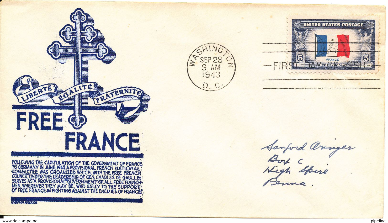 USA FDC Washington 28-9-1943 Overrun Countries France With Cachet - 1941-1950