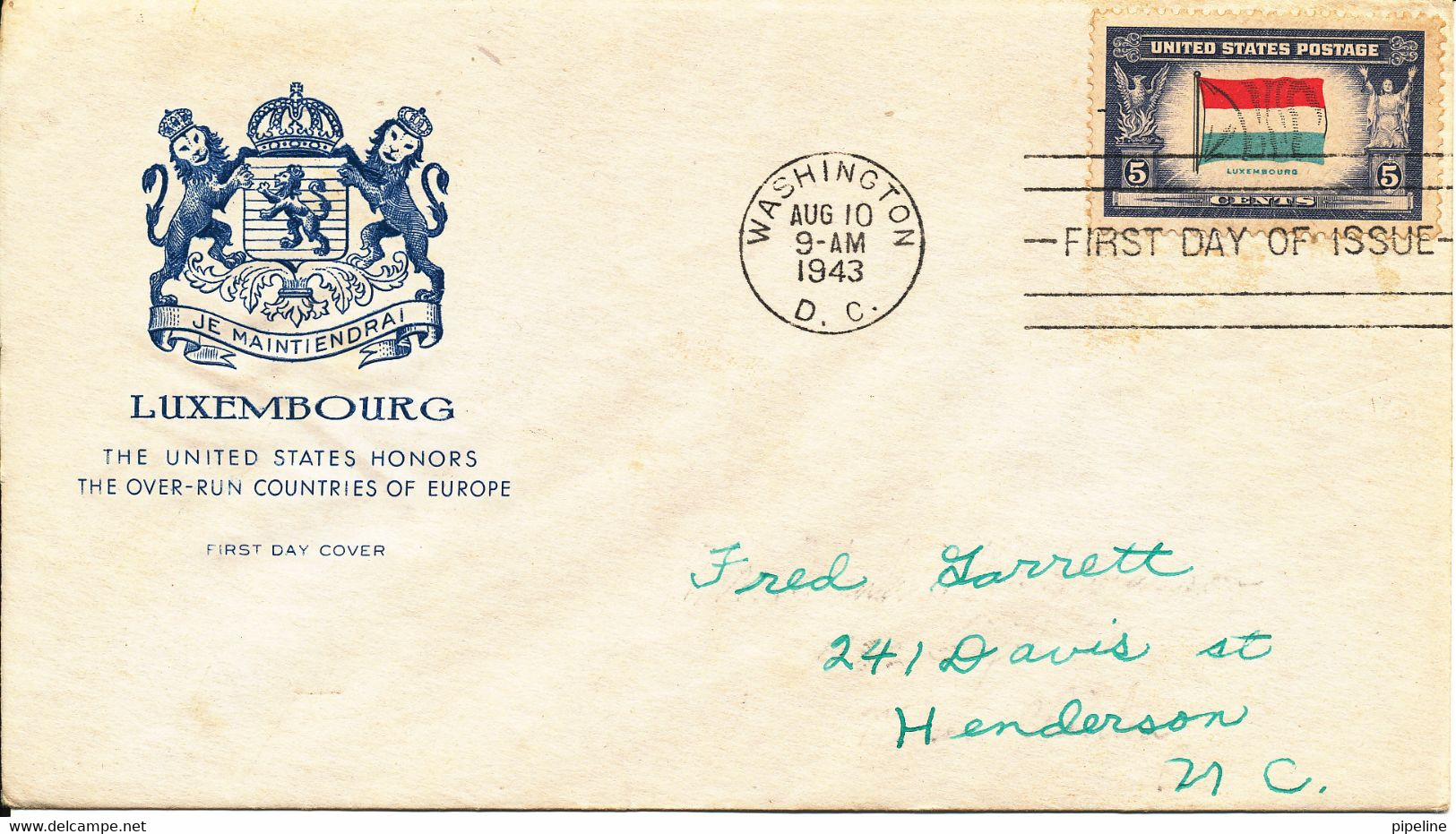 USA FDC Washington 10-8-1943 Overrun Countries Luxembourg With Cachet - 1941-1950