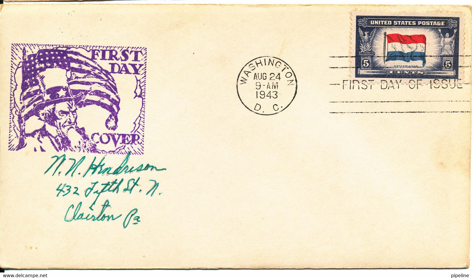USA FDC Washington 24-8-1943 Overrun Countries Netherlands With Cachet - 1941-1950