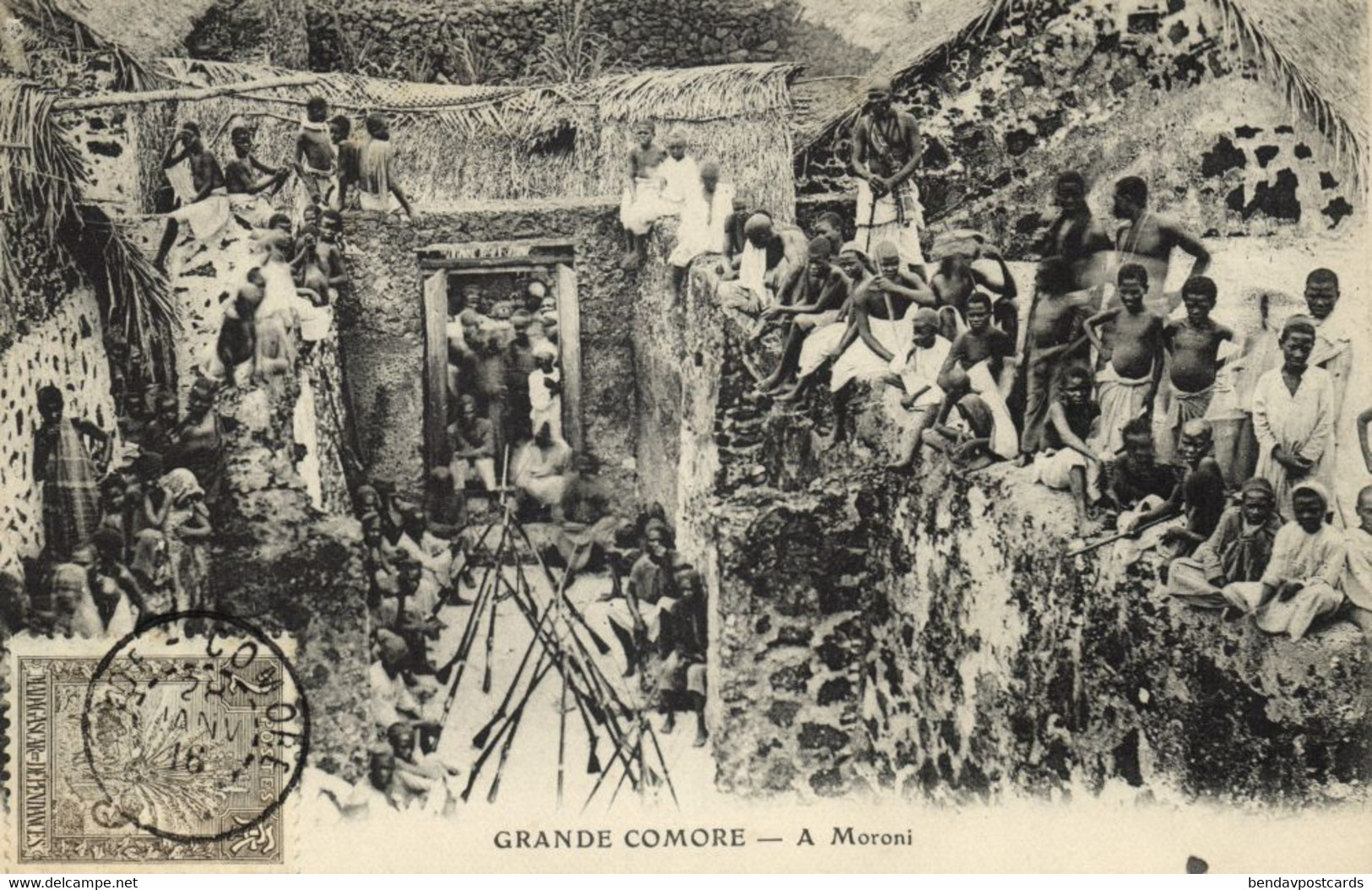 Comoros, GRANDE COMORE, View Of Moroni With People, Guns (1916) Postcard - Comores