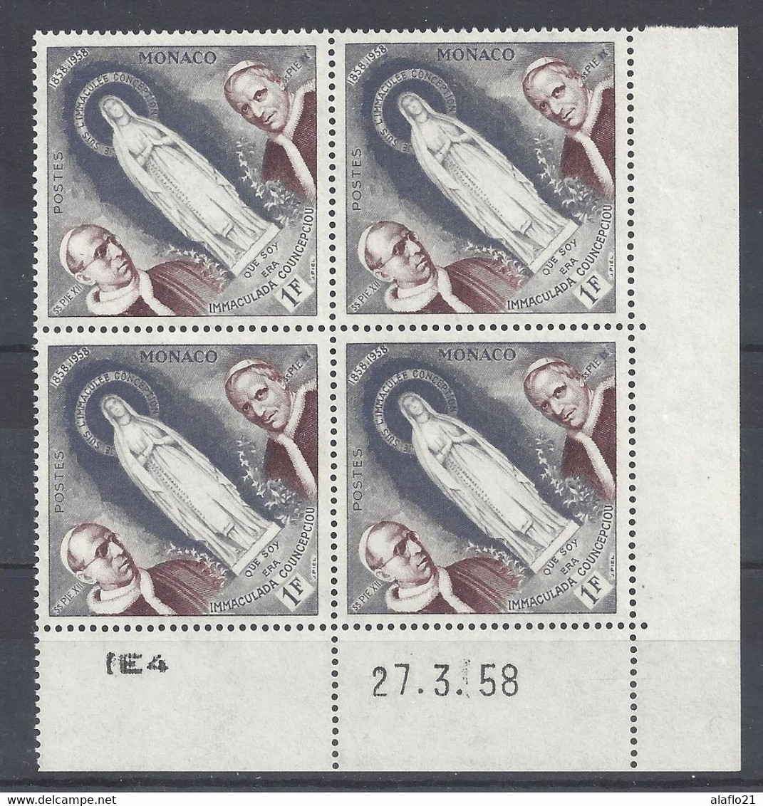 MONACO - N° 492 - APPARITIONS De LOURDES - Bloc De 4 COIN DATE - NEUF SANS CHARNIERE - 27/3/58 - Neufs