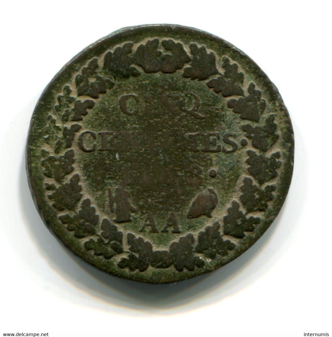 France, 5 Centimes, An 8 - AA, Dupré, Cuivre (Copper), Metz, TB (VF), KM€#640, G.126a, F.115/65 - 1795-1799 Directorio