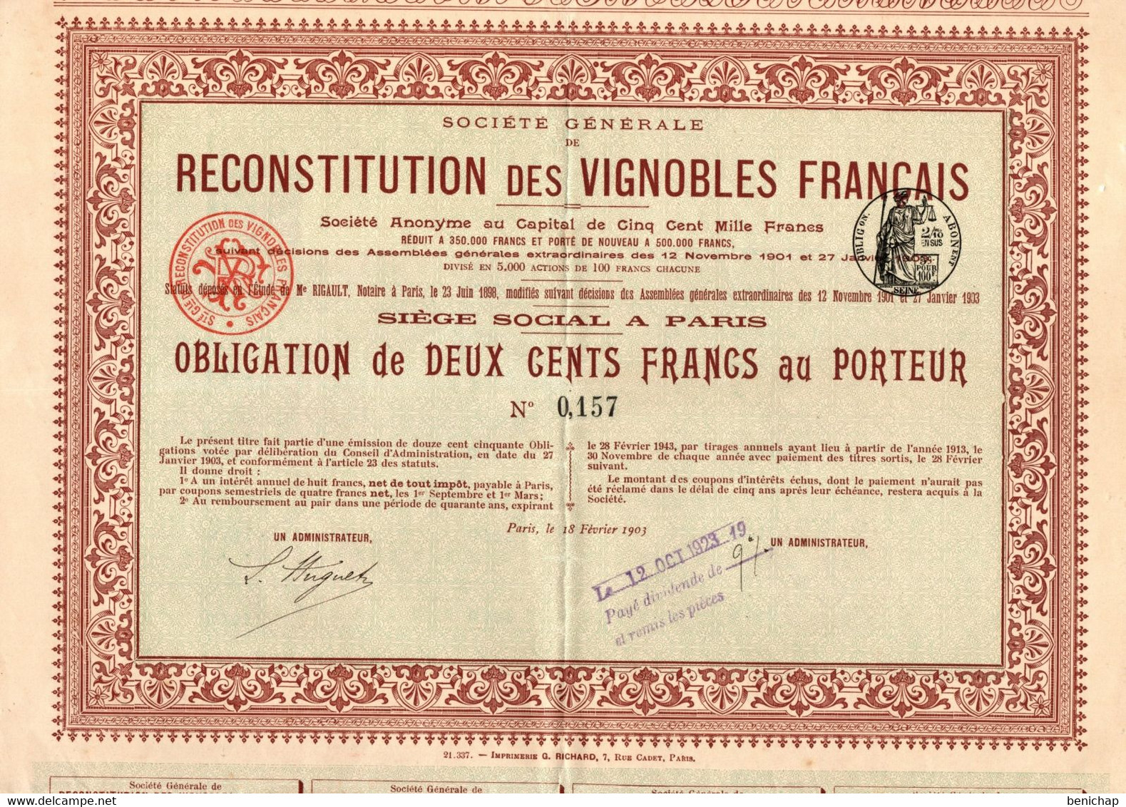 Société Générale De Reconstitution Des Vignobles Français - Obligation De 200 Frs. Au Porteur - Paris Janvier 1903. - Agriculture