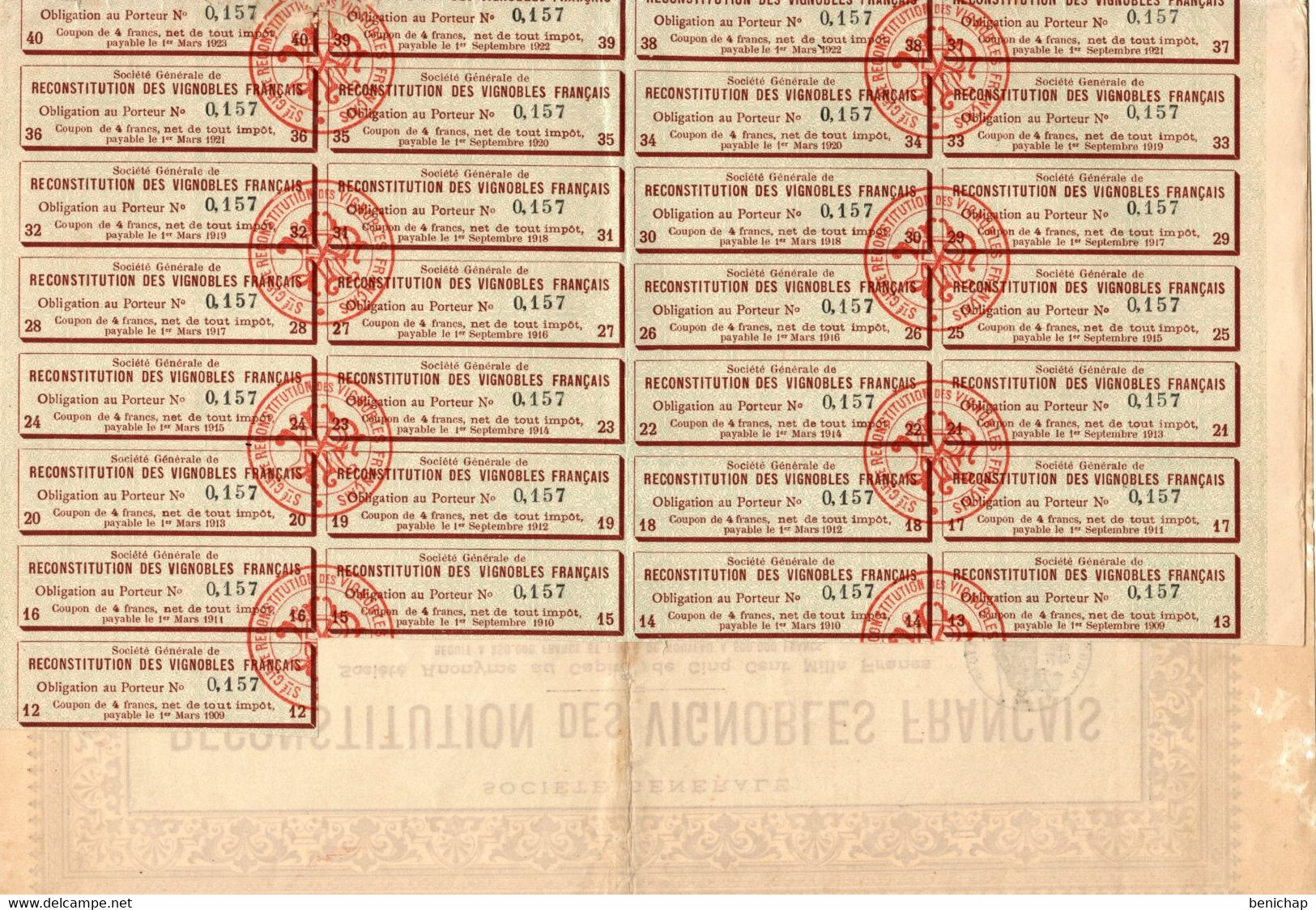 Société Générale De Reconstitution Des Vignobles Français - Obligation De 200 Frs. Au Porteur - Paris Janvier 1903. - Agricultura