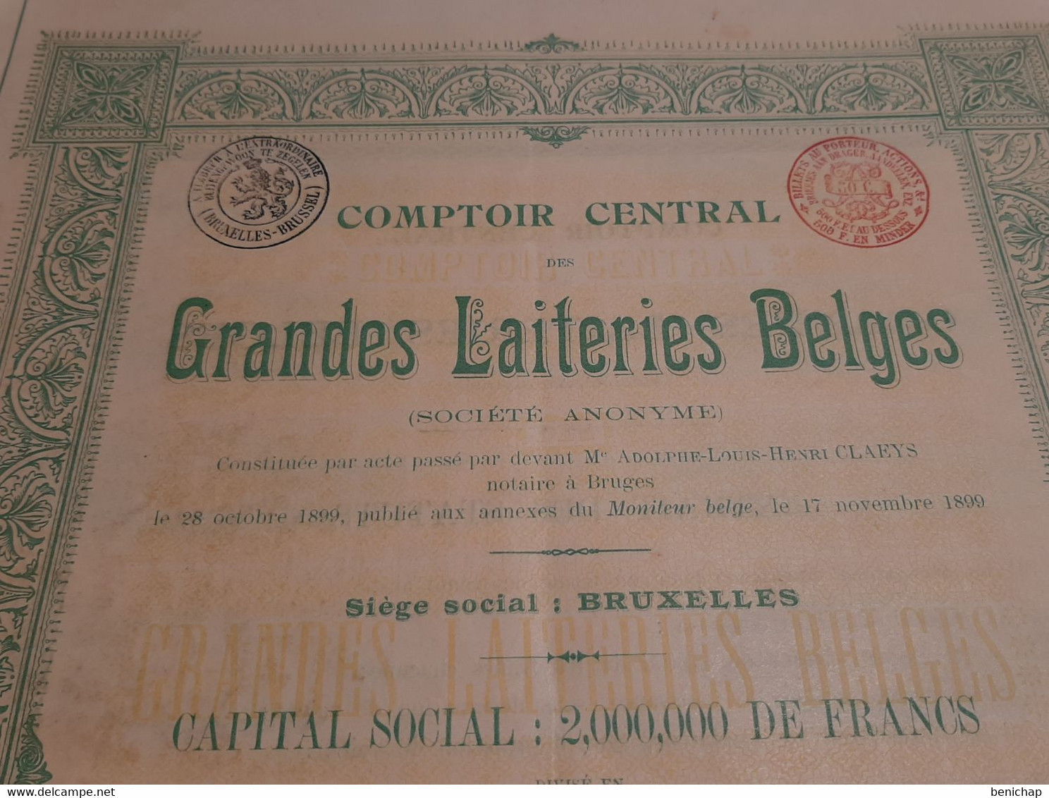 Comptoir Centrale Des Grandes Laiteries Belges S.A. - Titre De 10 Actions De Jouissance Au Porteur - Bruxelles 1899. - Landbouw