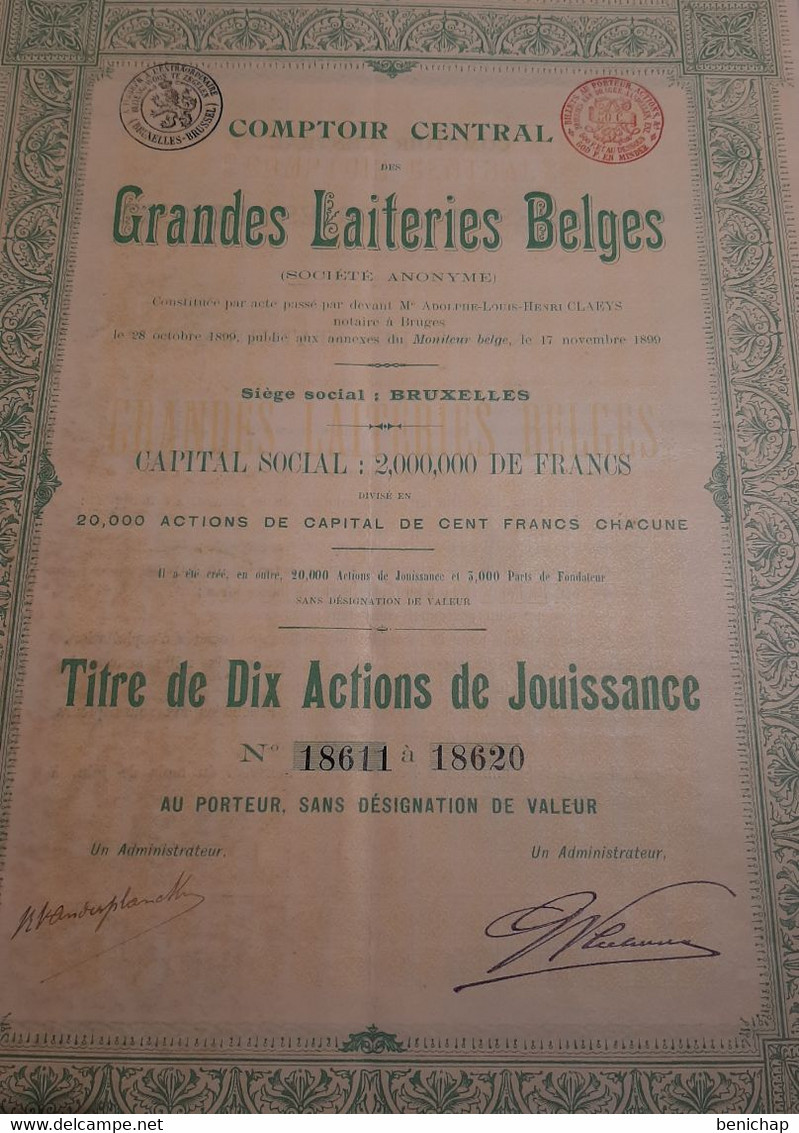 Comptoir Centrale Des Grandes Laiteries Belges S.A. - Titre De 10 Actions De Jouissance Au Porteur - Bruxelles 1899. - Landwirtschaft