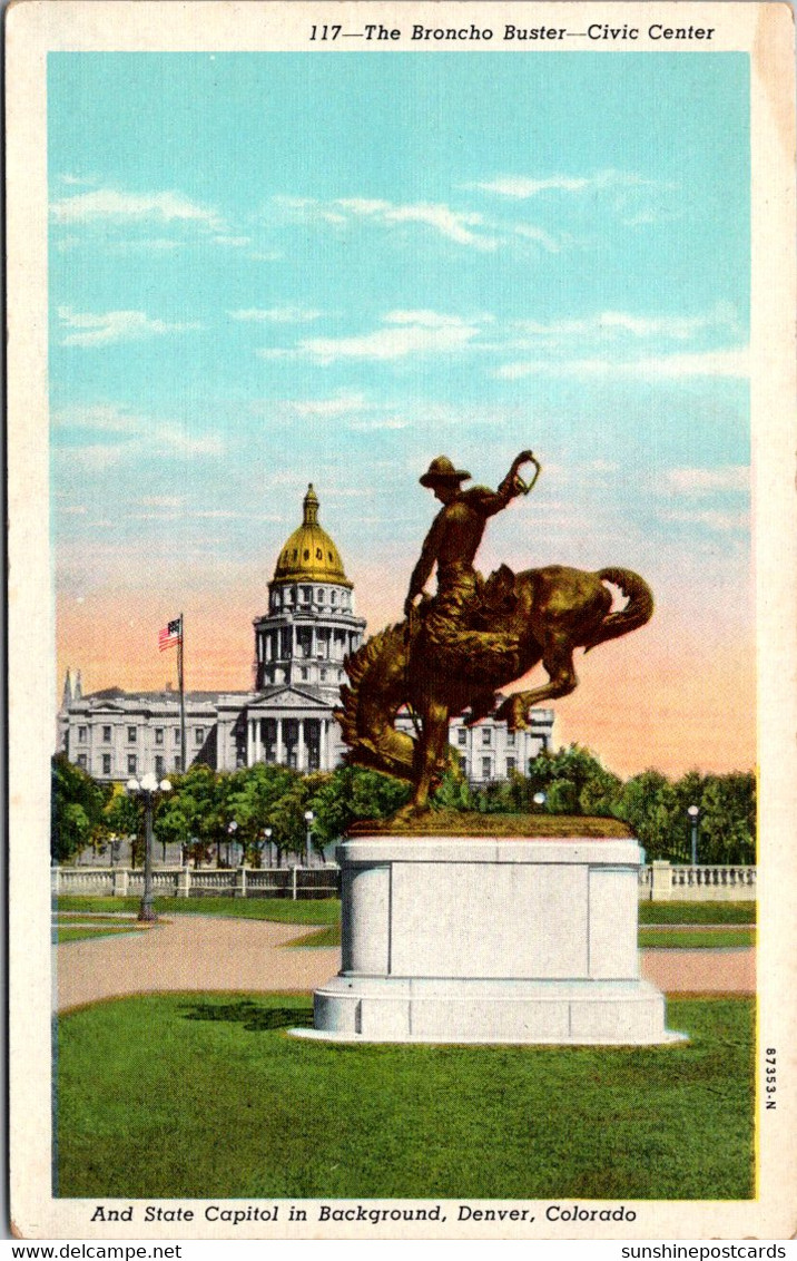 Colorado Denver Civic Center The Bronco Buster And State Capitol In Background - Denver