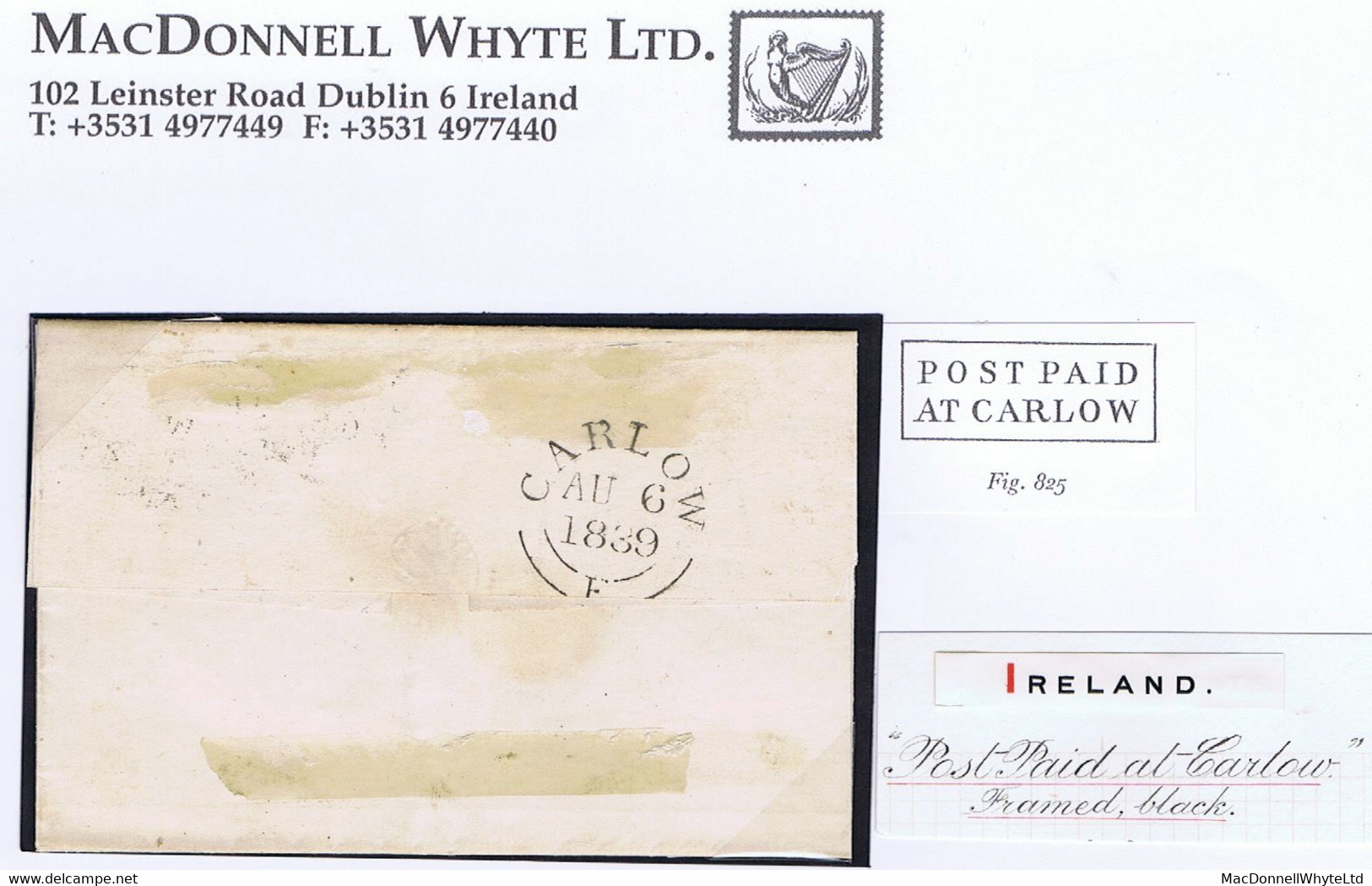 Ireland Carlow 1839 Cover To Dublin Paid '6' With Boxed POST PAID/AT CARLOW, Backstamped CARLOW AU 6 1839 - Prephilately