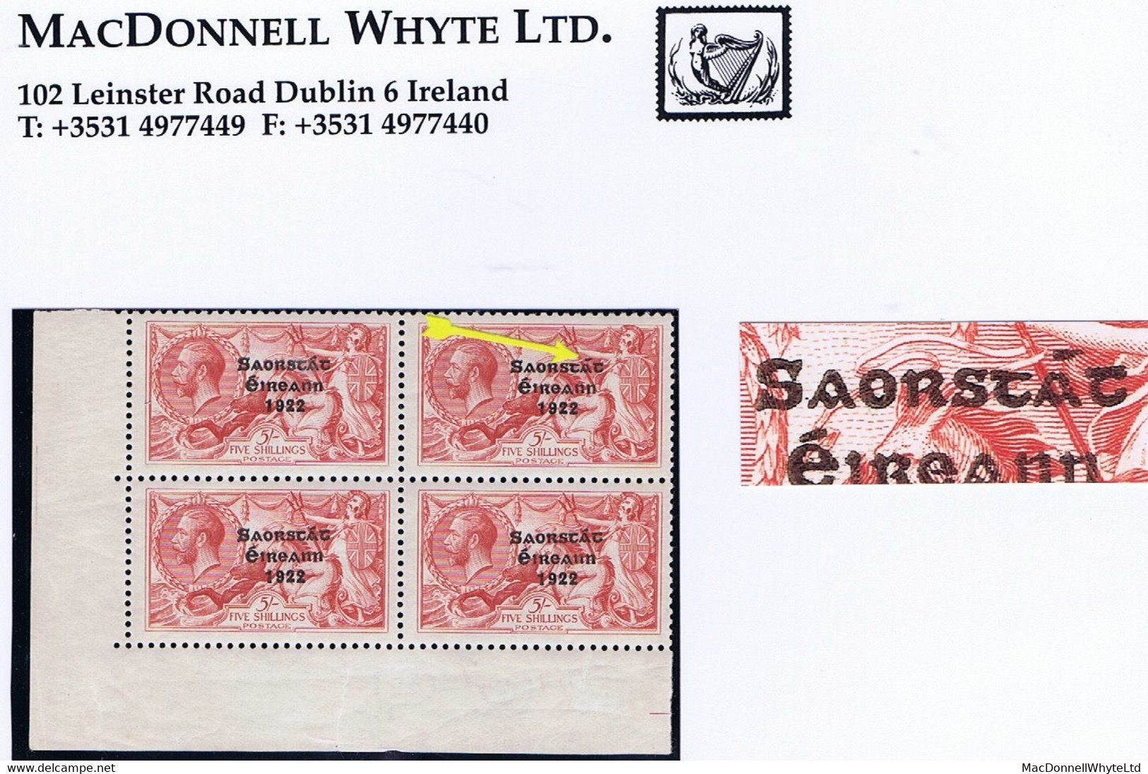 Ireland 1927-28 Wide Date Saorstat 3-line Ovpt In Black 5s Var "Flat Accent" Of Row9/2 In Corner Block Of 4 Mint - Ungebraucht