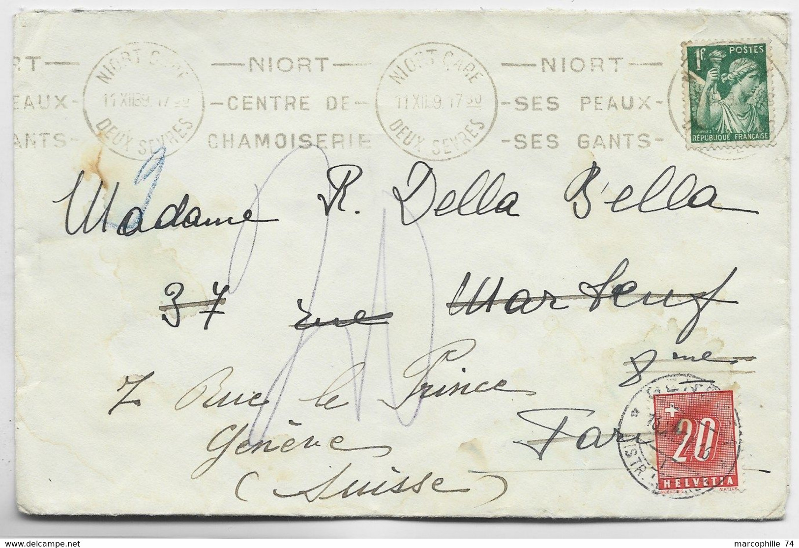 FRANCE IRIS 1FR VERT SEUL LETTRE COVER MEC NIORT GARE 17.XII.1939 POUR PARIS REEXP EN SUISSE TAXE 20C GENEVE - 1939-44 Iris