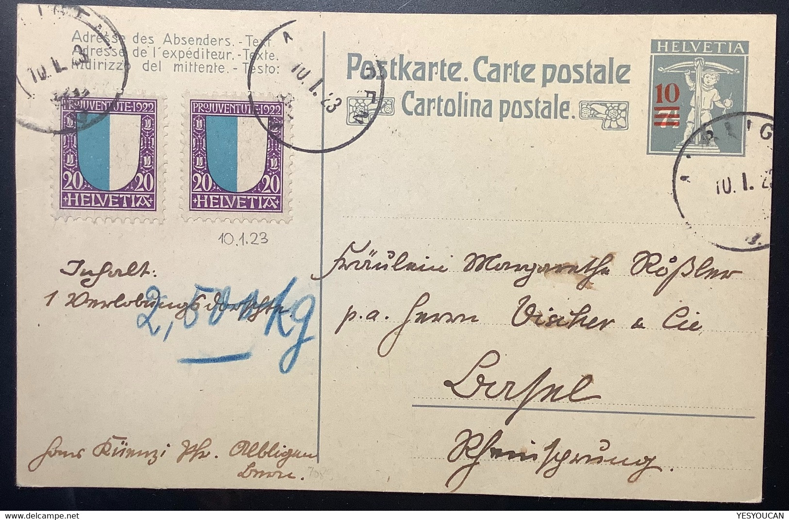 Pro Juventute 1922 ZNr J23 20Rp Luzern SELTENE PAKET ! FRANKATUR Postkarte ALBLIGEN BERN 1923 (Schweiz Ganzsache Brief - Cartas & Documentos