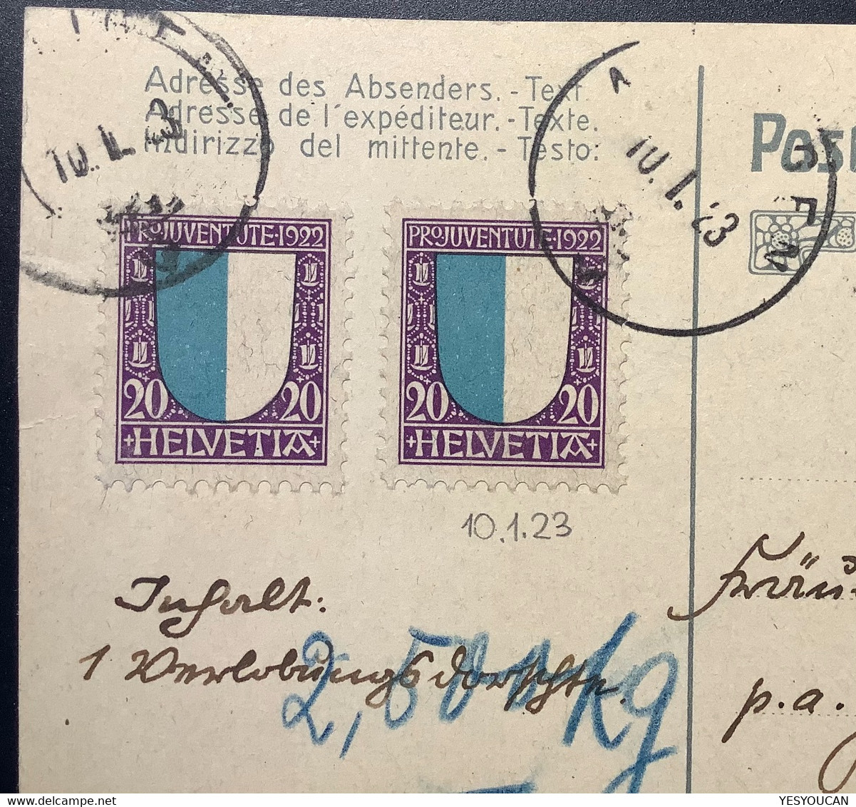 Pro Juventute 1922 ZNr J23 20Rp Luzern SELTENE PAKET ! FRANKATUR Postkarte ALBLIGEN BERN 1923 (Schweiz Ganzsache Brief - Covers & Documents