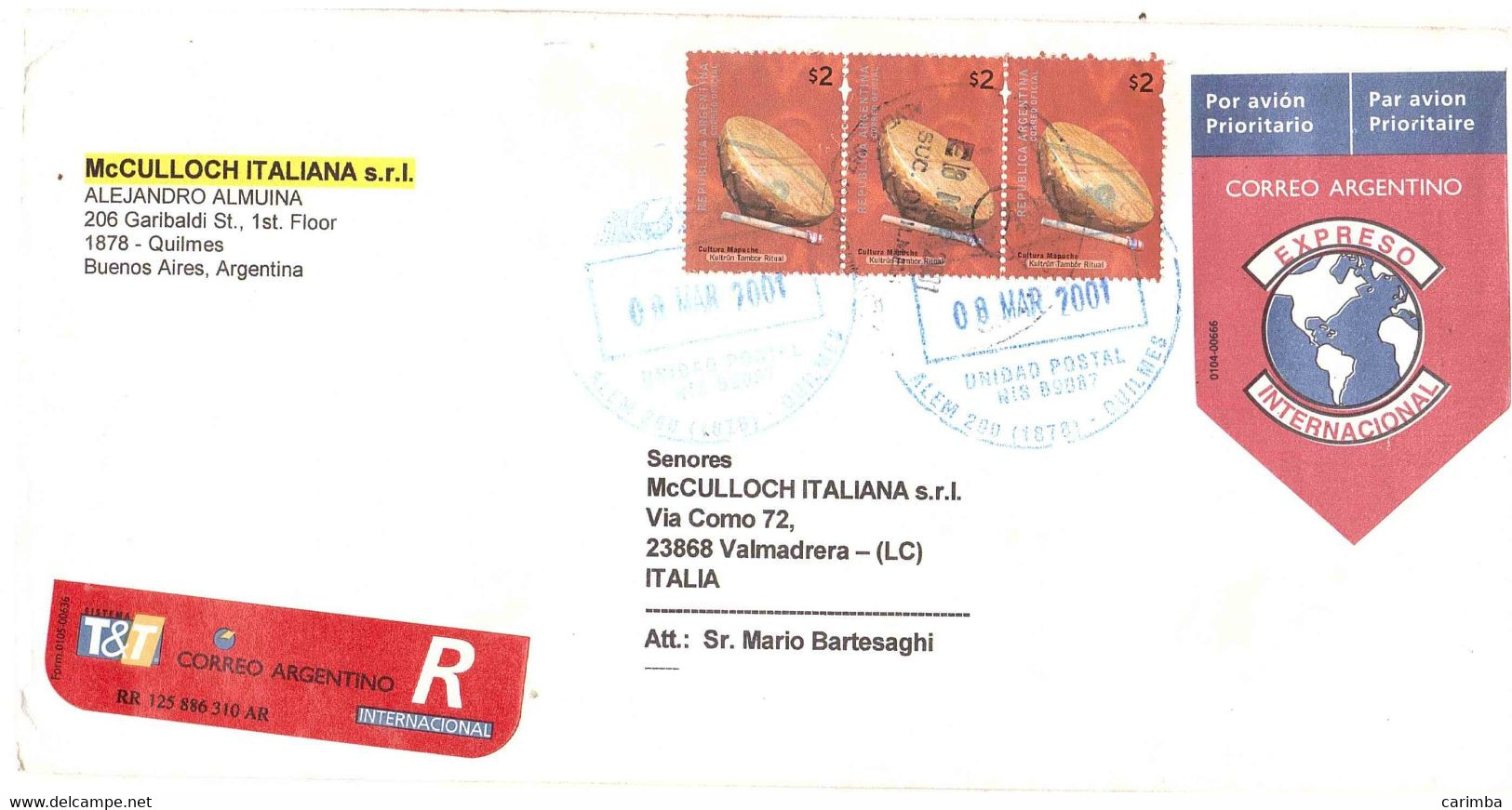CULTURA MAPUCHE RACCOMANDATA INTERNAZIONALE PER ITALIA - Cartas & Documentos