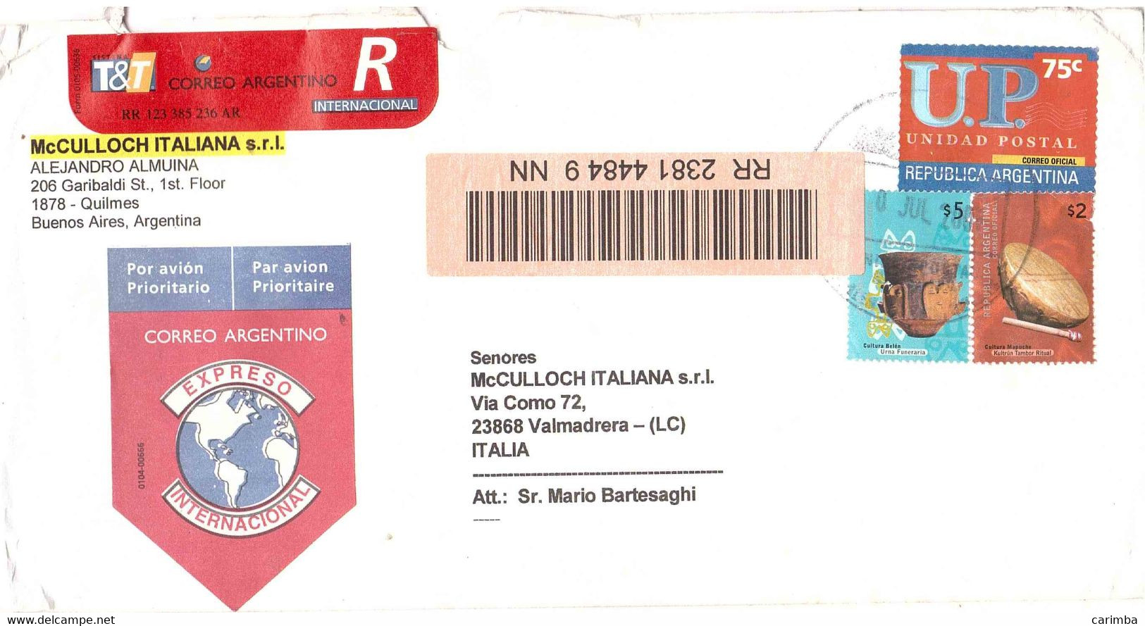 CULTURA MAPUCHE UNIDAD POSTAL RACCOMANDATA INTERNAZIONALE PER ITALIA - Covers & Documents