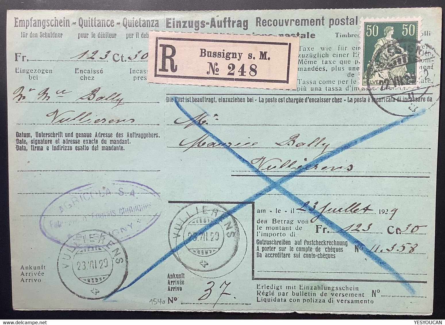 Schweiz 1929 BUSSIGNY S.Morges VD Einzugs-Auftrag/Recouvrement Postal1908 50Rp Helvetia Mit Schwert>VULLIERENS(Brief113 - Lettres & Documents