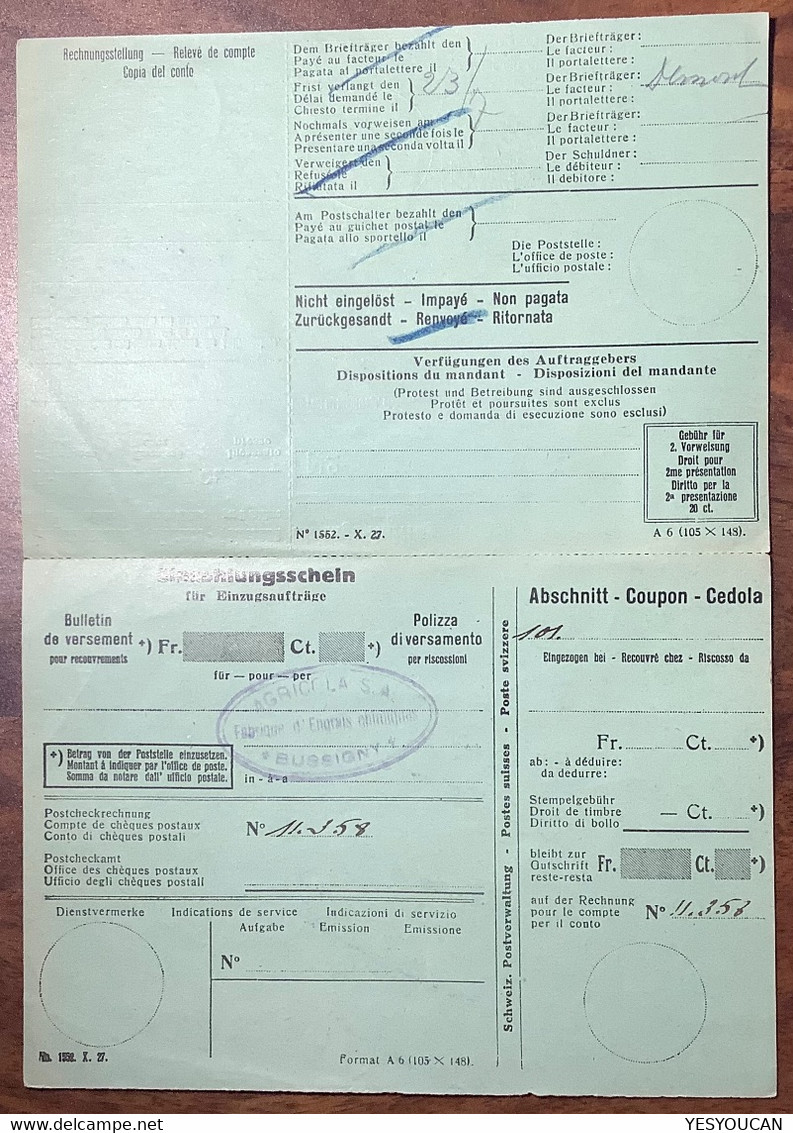 Schweiz 1929 BUSSIGNY S.Morges VD Einzugs-Auftrag/Recouvrement Postal1908 50Rp Helvetia Mit Schwert>VULLIERENS(Brief113 - Briefe U. Dokumente