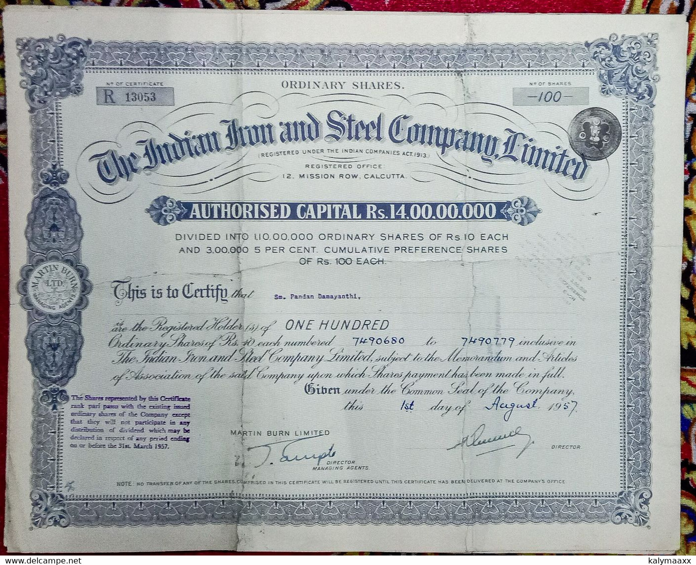 INDIA 1957 INDIAN IRON & STEEL LIMITED, IRON AND STEEL INDUSTRY....SHARE CERTIFICATE, MASSIVELY REPIRED, SEE DESCRIPTION - Industrie