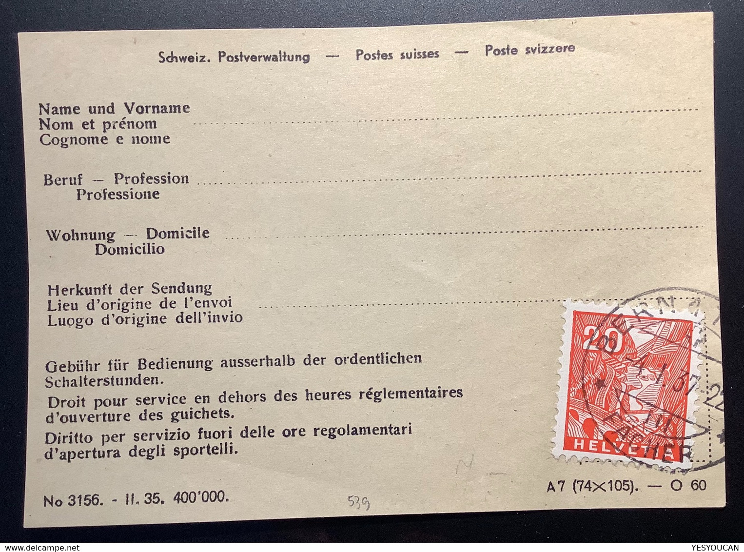 Schweiz BERN1937 Seltenes Formular"Gebühr Für Bedienung Ausserhalt Der Ordentlichen Schalterstunden"(198 Brief - Briefe U. Dokumente