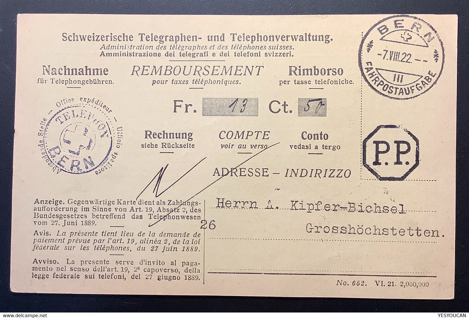 Schweiz TELEPHON BERN Seltener Stempel Auf NACHNAHME FÜR TELEPHONGEBÜHREN Formular 1922 (Brief P.P - Briefe U. Dokumente