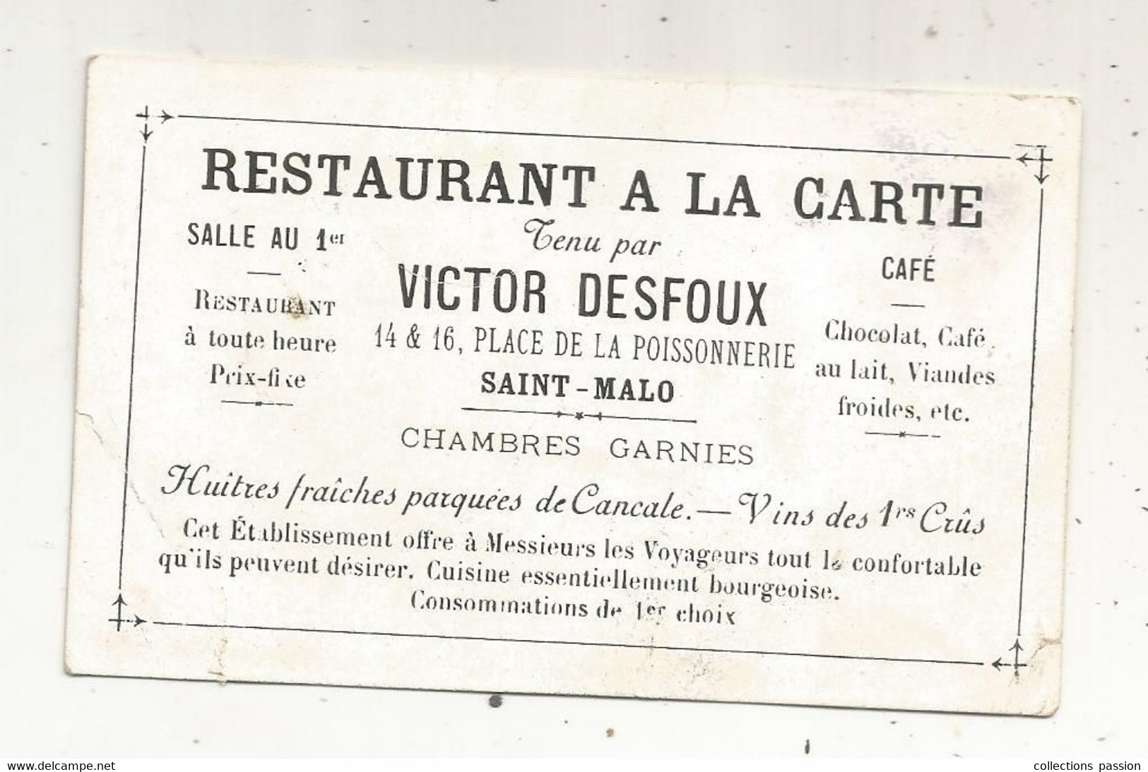 Carte De Visite, Restaurant à La Carte,  Victor DESFOUX,  35 ,  SAINT MALO , Chambres Garnies - Tarjetas De Visita