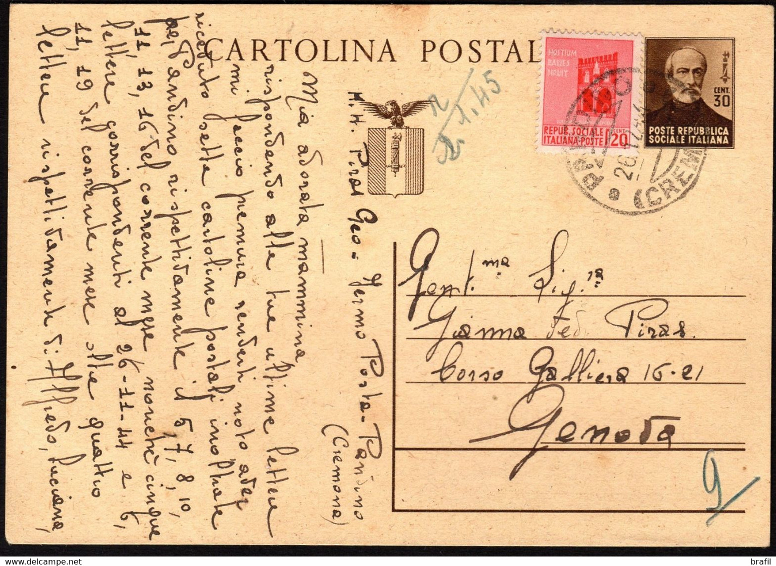 1944 26 Dicembre Italia, Cartolina Postale Mazzini Da Pasiano Per Genova - Entiers Postaux