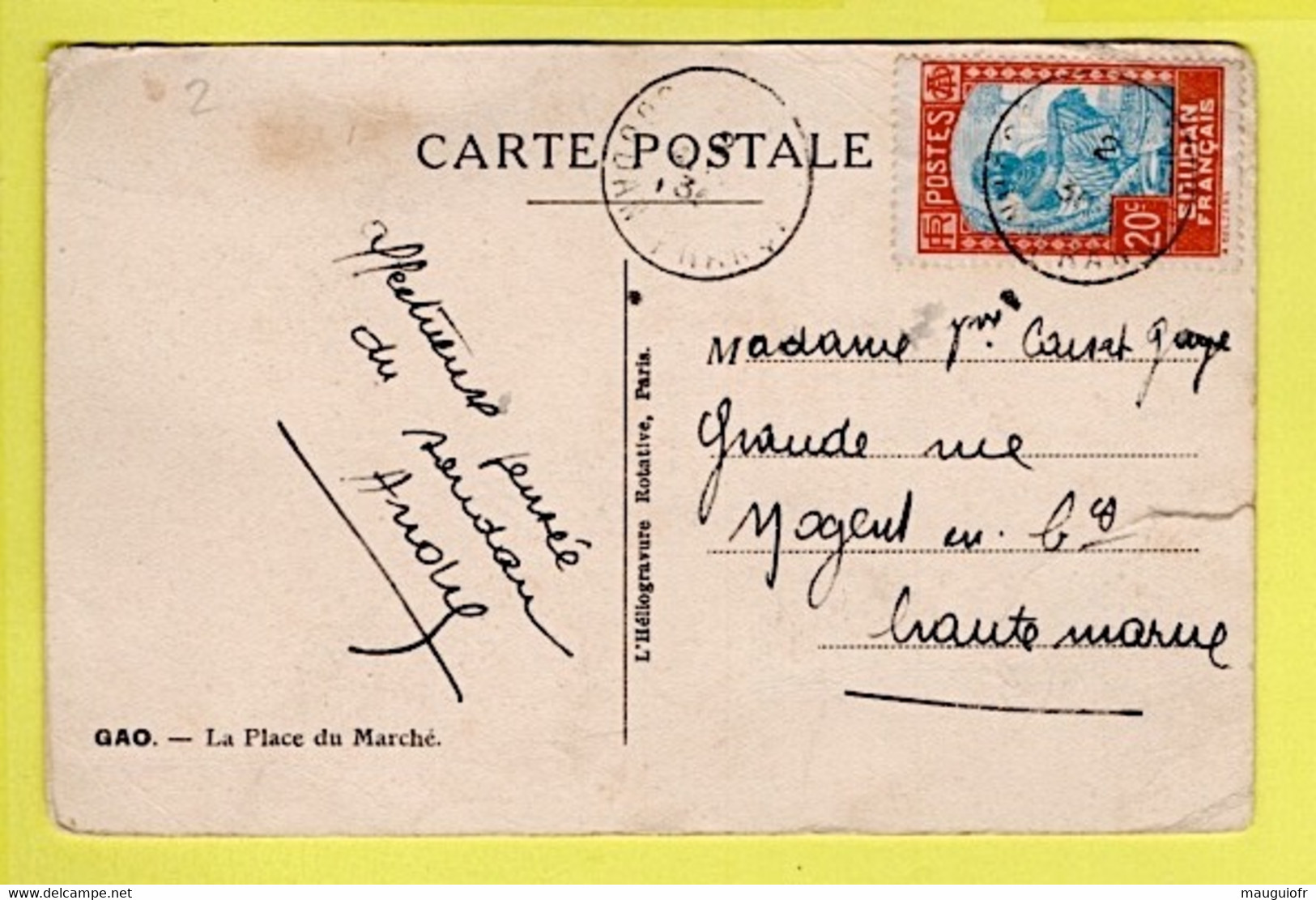 SOUDAN FRANÇAIS / TP 66 LAITIÈRE PEULH AU MARCHÉ SUR CPA DE GAO 1935 - Covers & Documents