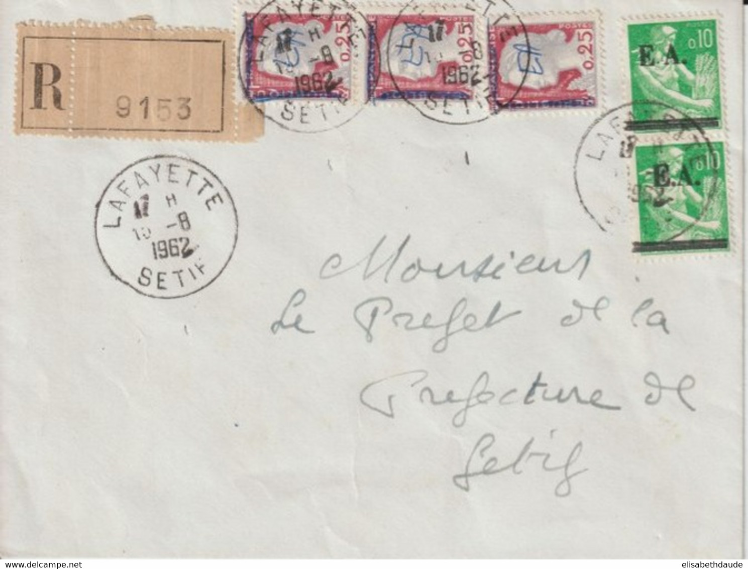 1962 - ETAT ALGERIEN - "EA" MIXTE SURCHARGE MANUSCRITE + IMPRIMEE ! NEF / DECARIS ENV. RECOMMANDEE De LAFAYETTE => SETIF - Algérie (1962-...)