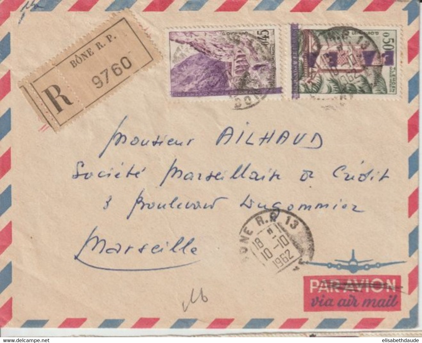 1962 - ETAT ALGERIEN - SANS SURCHARGE "EA" + SURCHARGES VIOLETTES ! - ENVELOPPE RECOMMANDEE De BONE ! => MARSEILLE - Algeria (1962-...)