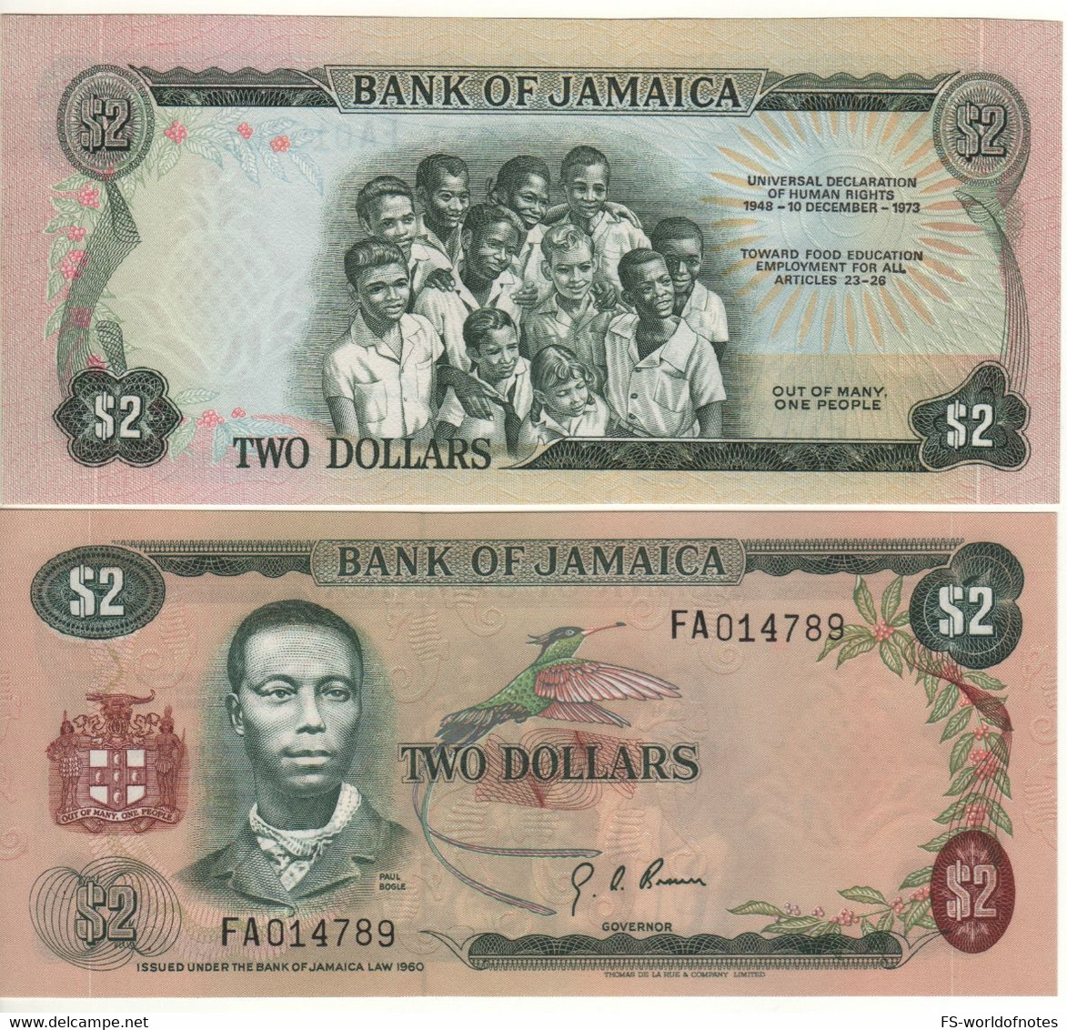 JAMAICA  2 Dollars  P58   "FAO + 25th Anniversary Of Universal Declaration Of Human Rights" - Jamaica