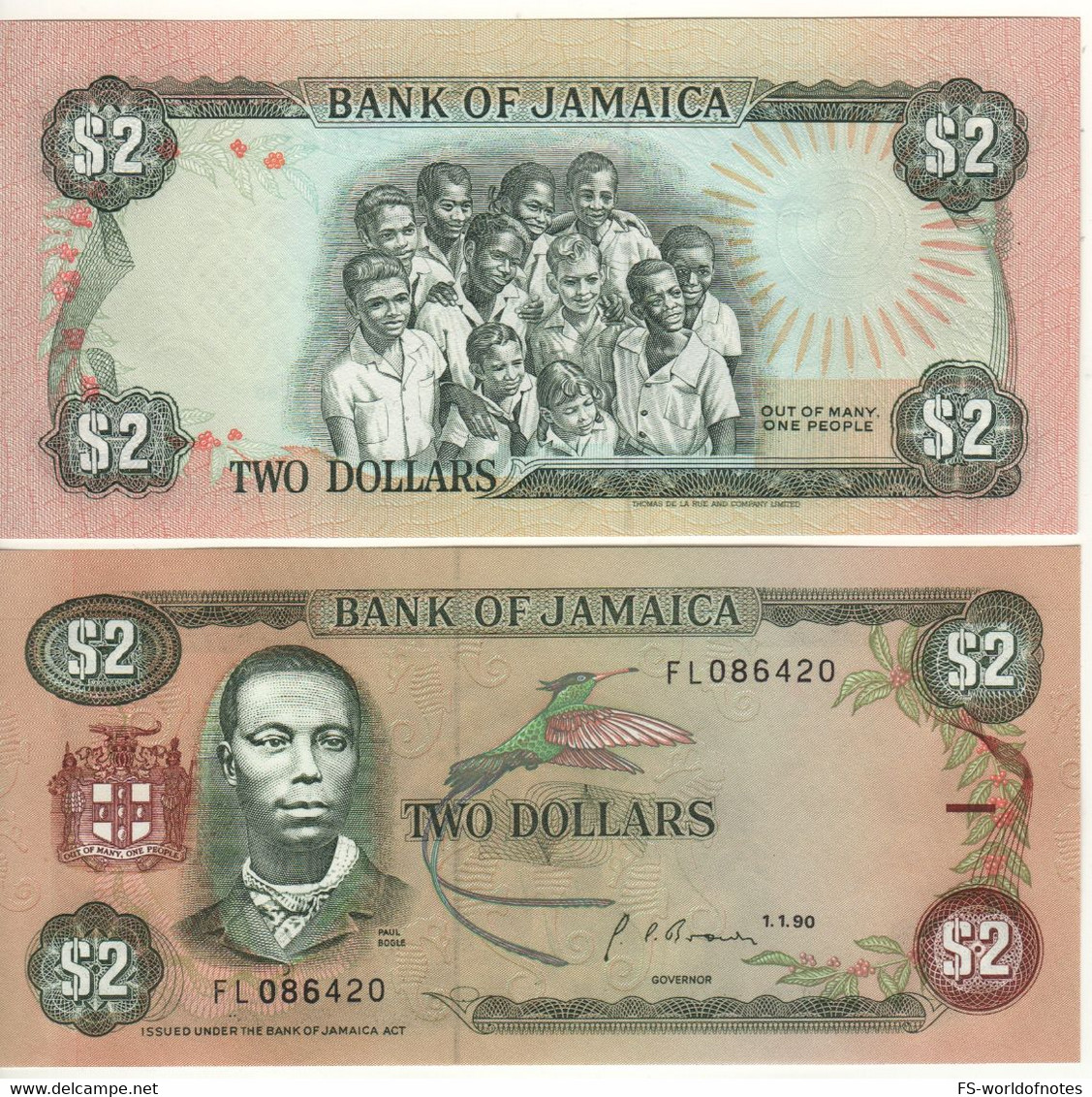 JAMAICA  2 Dollars  P69d  Dated 1.1.990    " Paul Bogle, Hummingbird At Front + Student Children At Back " - Jamaica