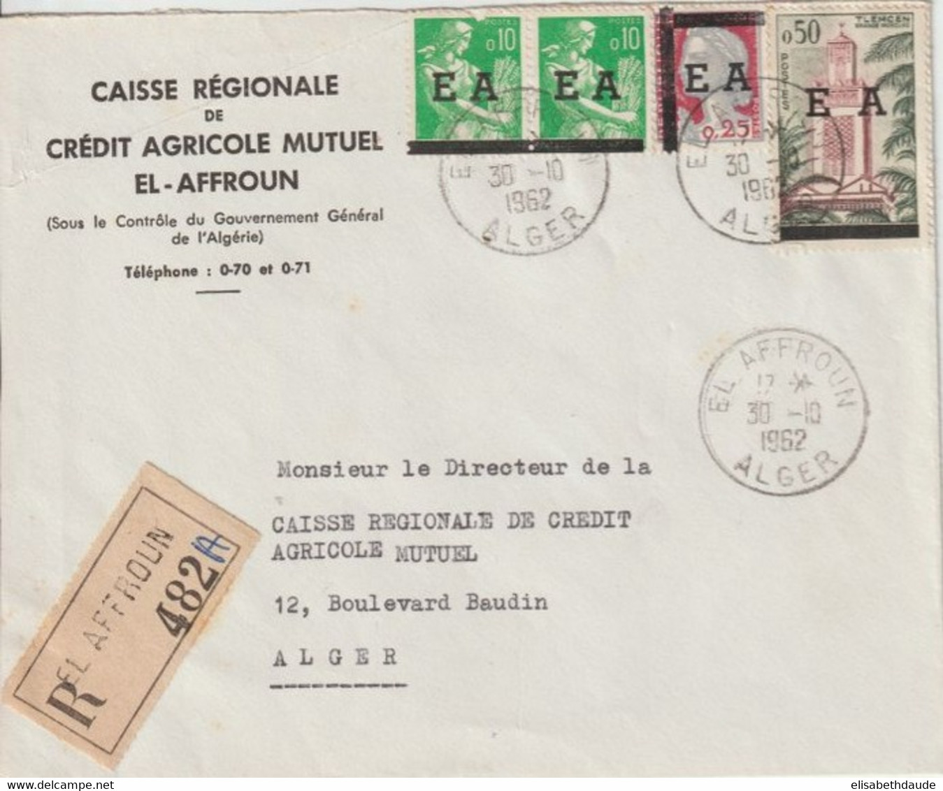 1962 - ETAT ALGERIEN - SURCHARGE "EA" - ENV. RECOMMANDEE SOUS CONTROLE GOUVERNEMENT GENERAL !! De EL AFFROUN => ALGER - Algeria (1962-...)