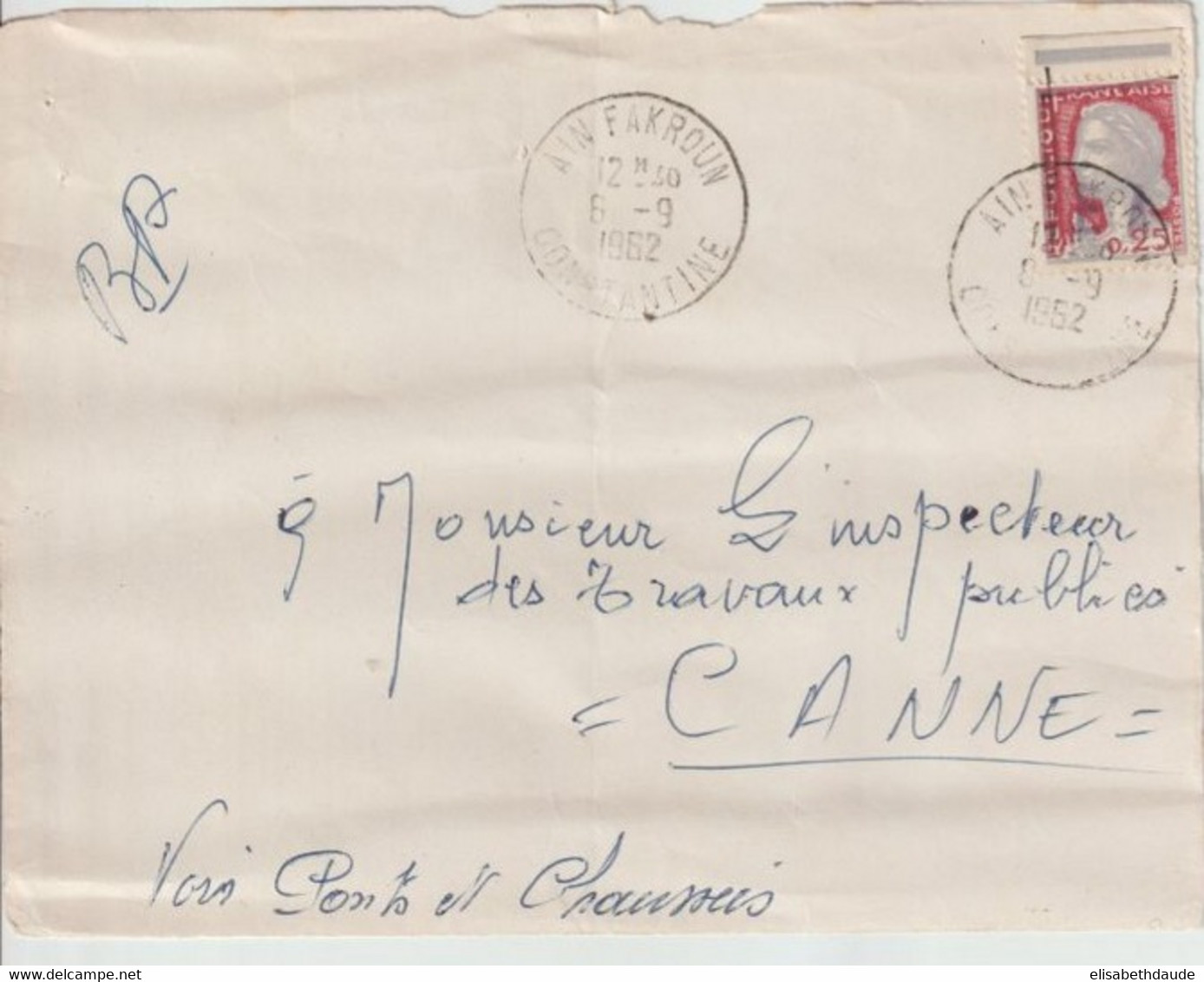 1962 - ETAT ALGERIEN - SURCHARGE "EA"  - DEVANT De LETTRE De AIN FAKROUN (CONSTANTINE) => CANNES - Algeria (1962-...)