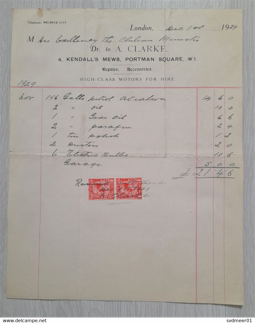 UK: Invoice Document, 1929, 2 Revenue Tax Stamps, King George V, KGV, Motor Rent Company (damaged: Folds, See Scan) - Revenue Stamps