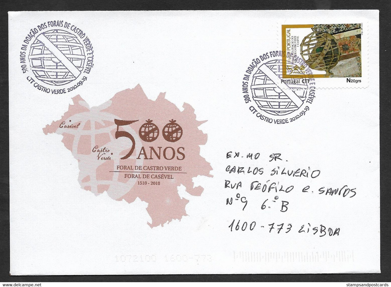 Portugal Lettre Voyagé Timbre Personnalisé Foral Castro Verde Casével 2010 Personalized Stamp Cover - Flammes & Oblitérations