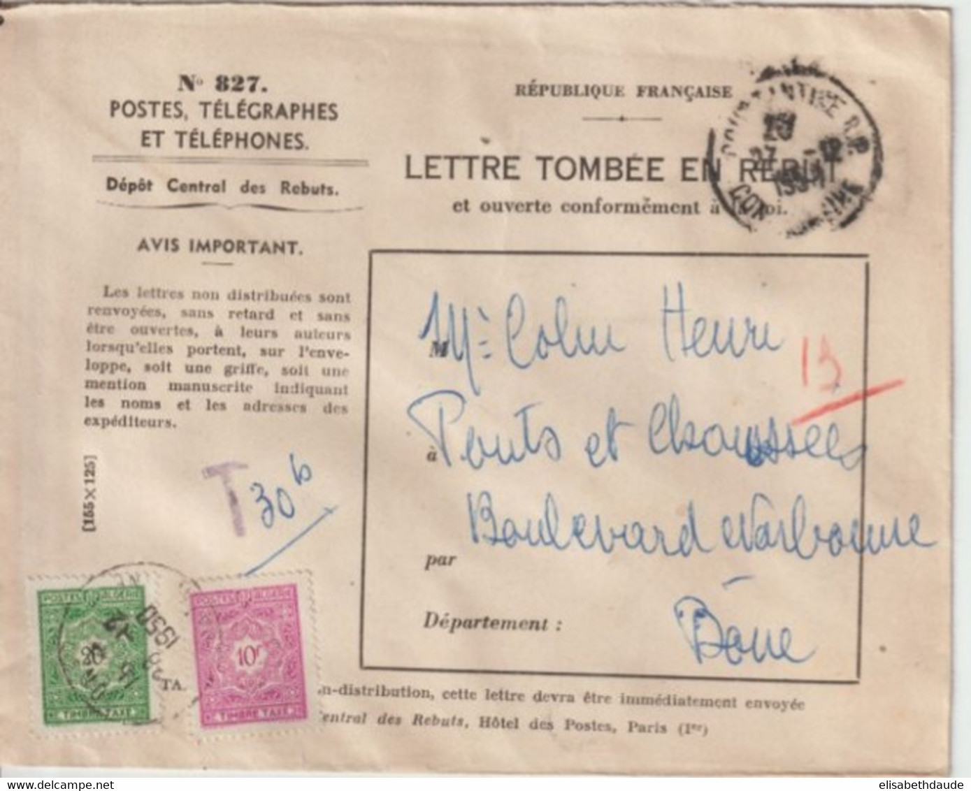 1950 - ALGERIE - TAXE Sur ENVELOPPE "LETTRE TOMBEE EN REBUT !! De CONSTANTINE => BONE - Lettres & Documents