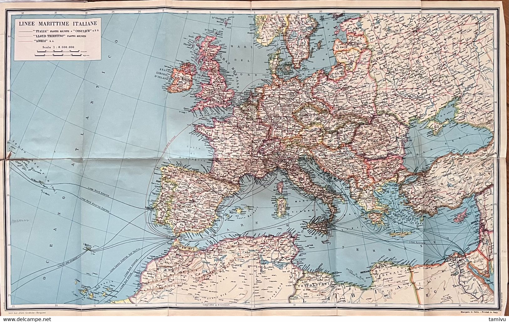 IL MEDITERRANEO E I SUOI COLLEGAMENTI MARITTIMI CON TUTTO IL MONDO, ITALIA, FLOTTE RIUNITE "COSULICH",  LLOYD TRIESTINO - Seekarten