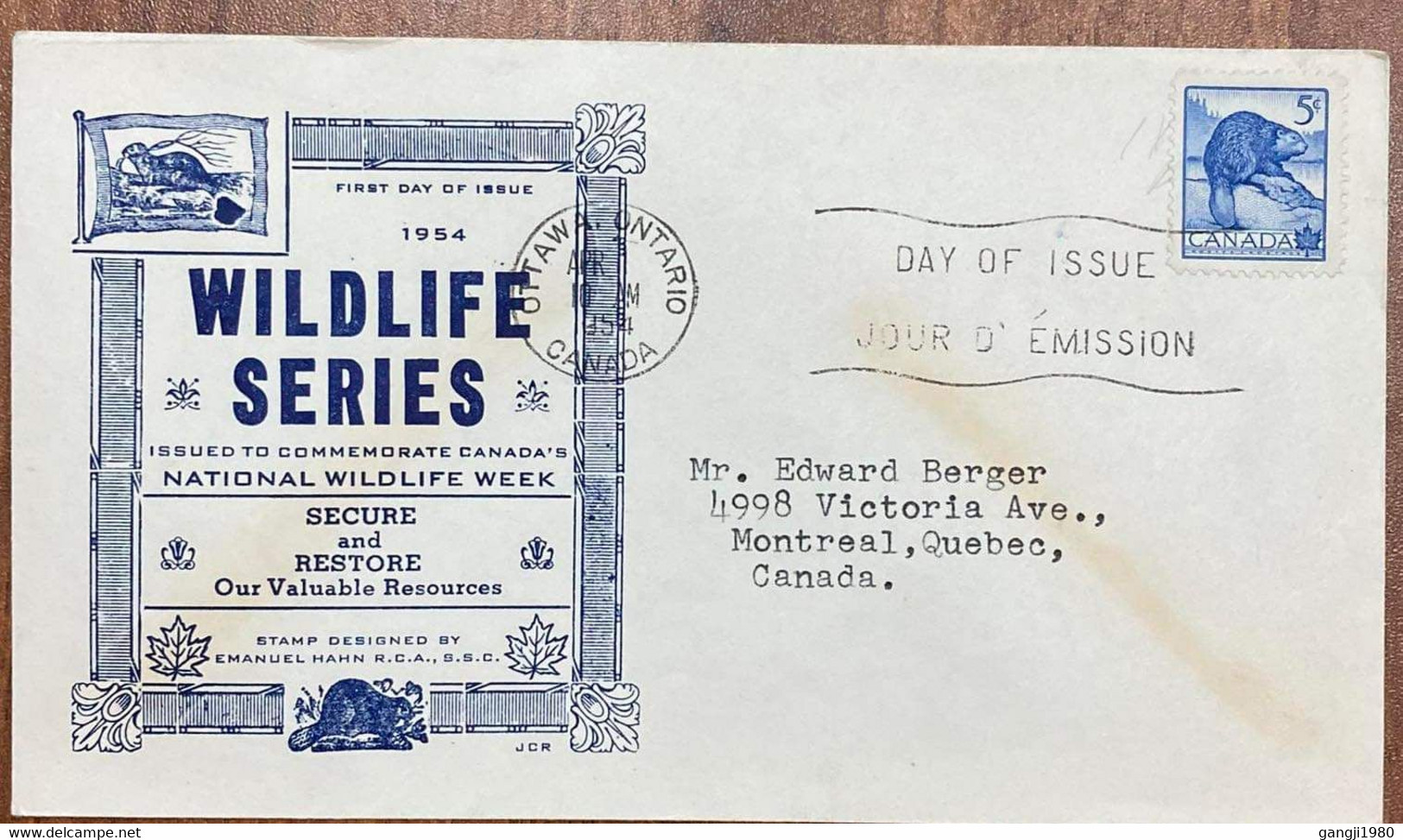 CANADA, 1954,PRIVATE FDC, NATIONAL WILDLIFE SERIES, SQUIRREL IMAGED STAMP ON COVER. - Briefe U. Dokumente