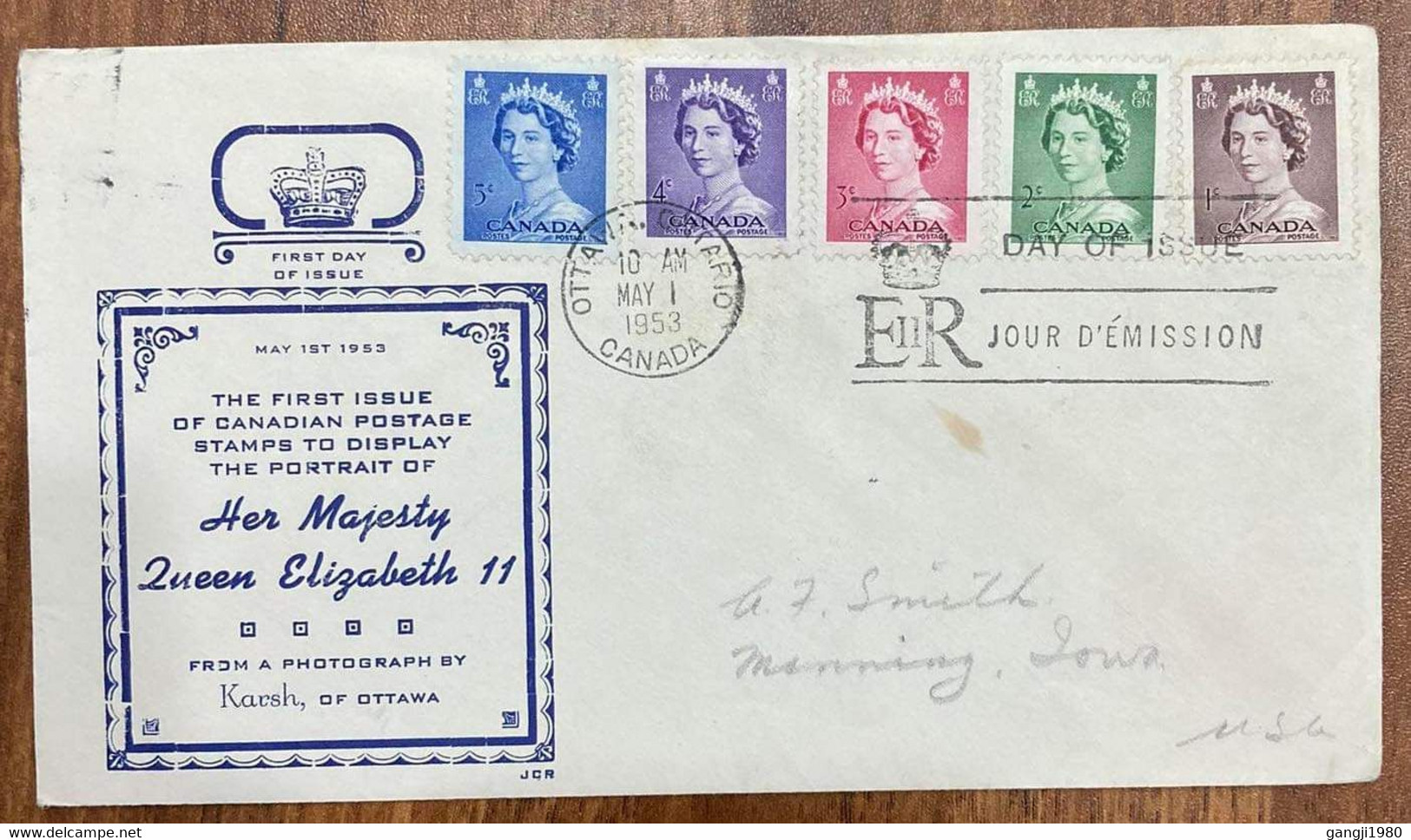 CANADA, 1953,PRIVATE FDC, HER MAJESTY, QUEEN ELIZABETH,  5  DIFFERENT STAMP, PRIVATE FDC COVER. - Cartas & Documentos