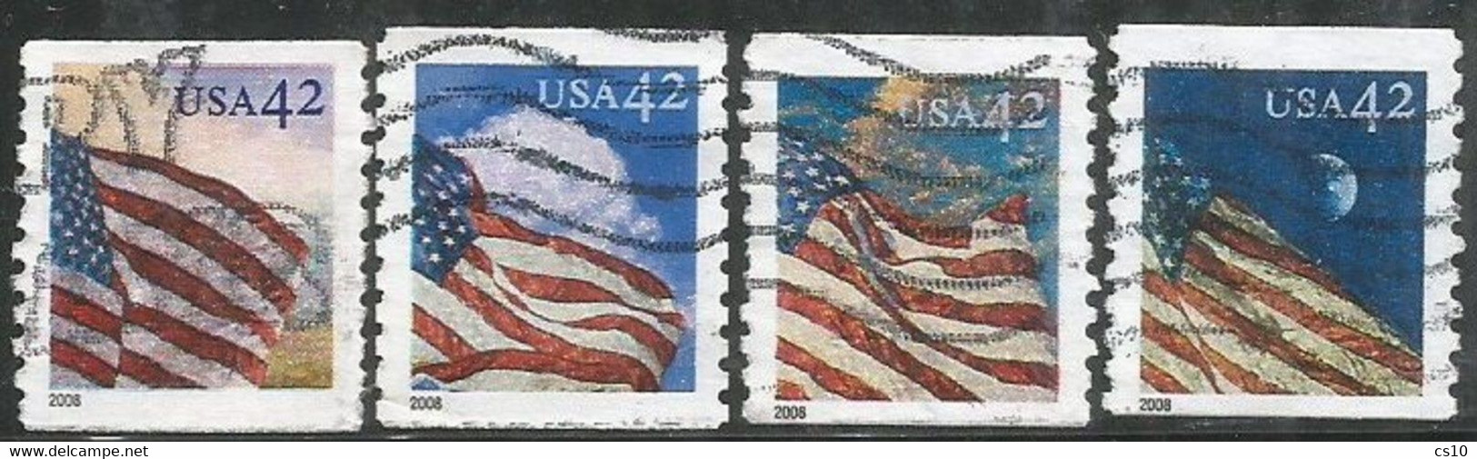 USA 2008 Flag 24/7 Nat.Flag At Dusk Night Dawn & Midday C.42 Coil Water Activated -  Cpl 4v Set - Used - SC.#4228/31 - Coils & Coil Singles