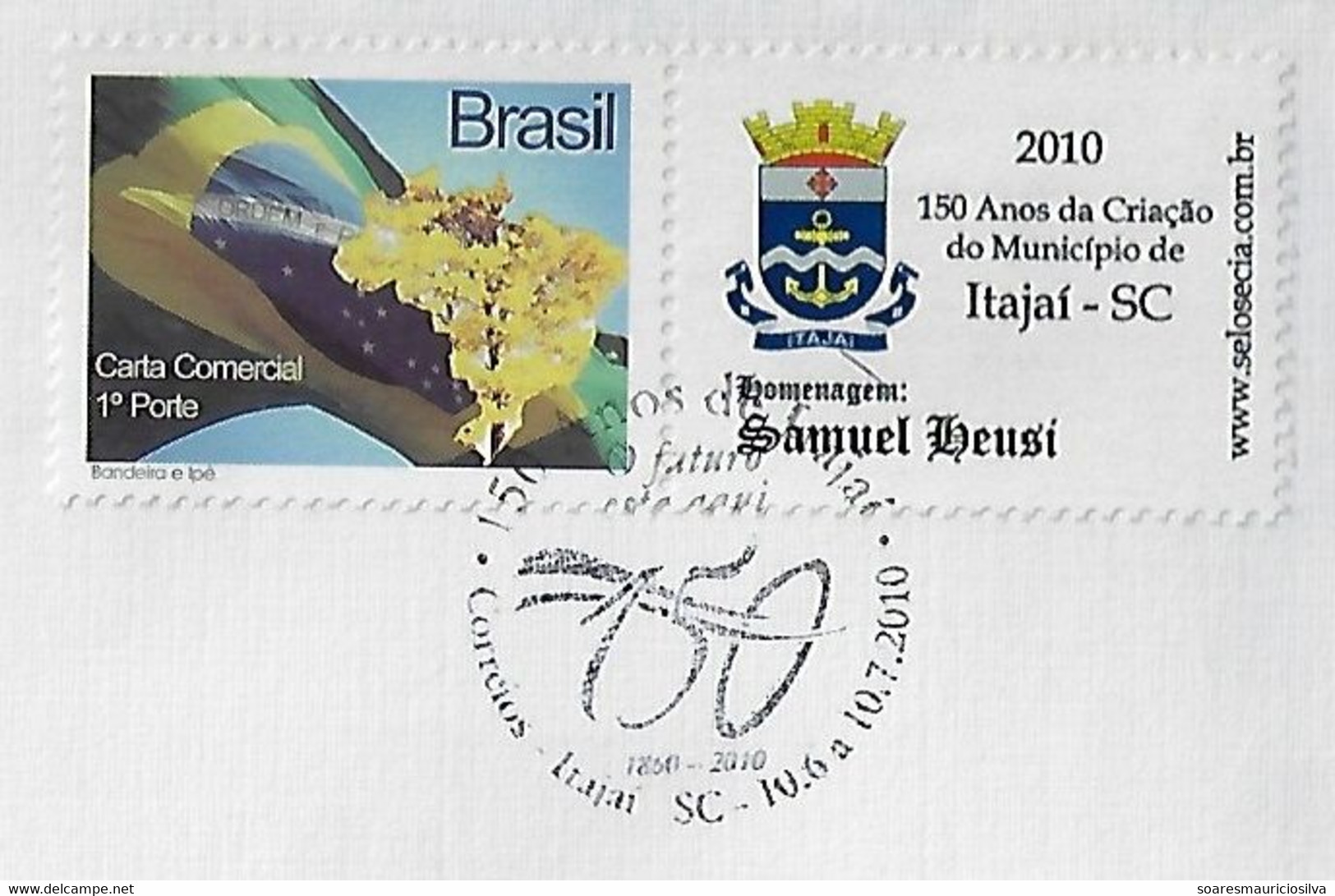 Brazil 2010 Cover Personalized Stamp + Commemorative Cancel 150th Anniversary Of Itajaí City Coat Of Arms Samuel Heusi - Sellos Personalizados