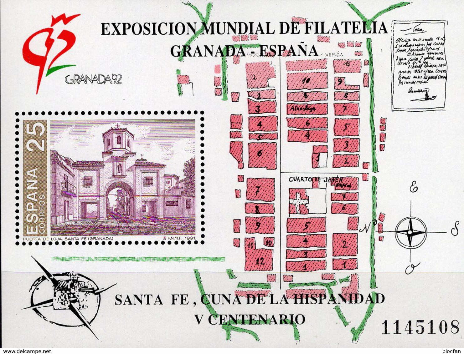 EXPO 1991 Granada Spanien Block 39 ** 1€ Stadt-Tor Loja Santa Fe Hoja Military Maps M/s Bloc Philatelics Sheet Bf Espana - Châteaux