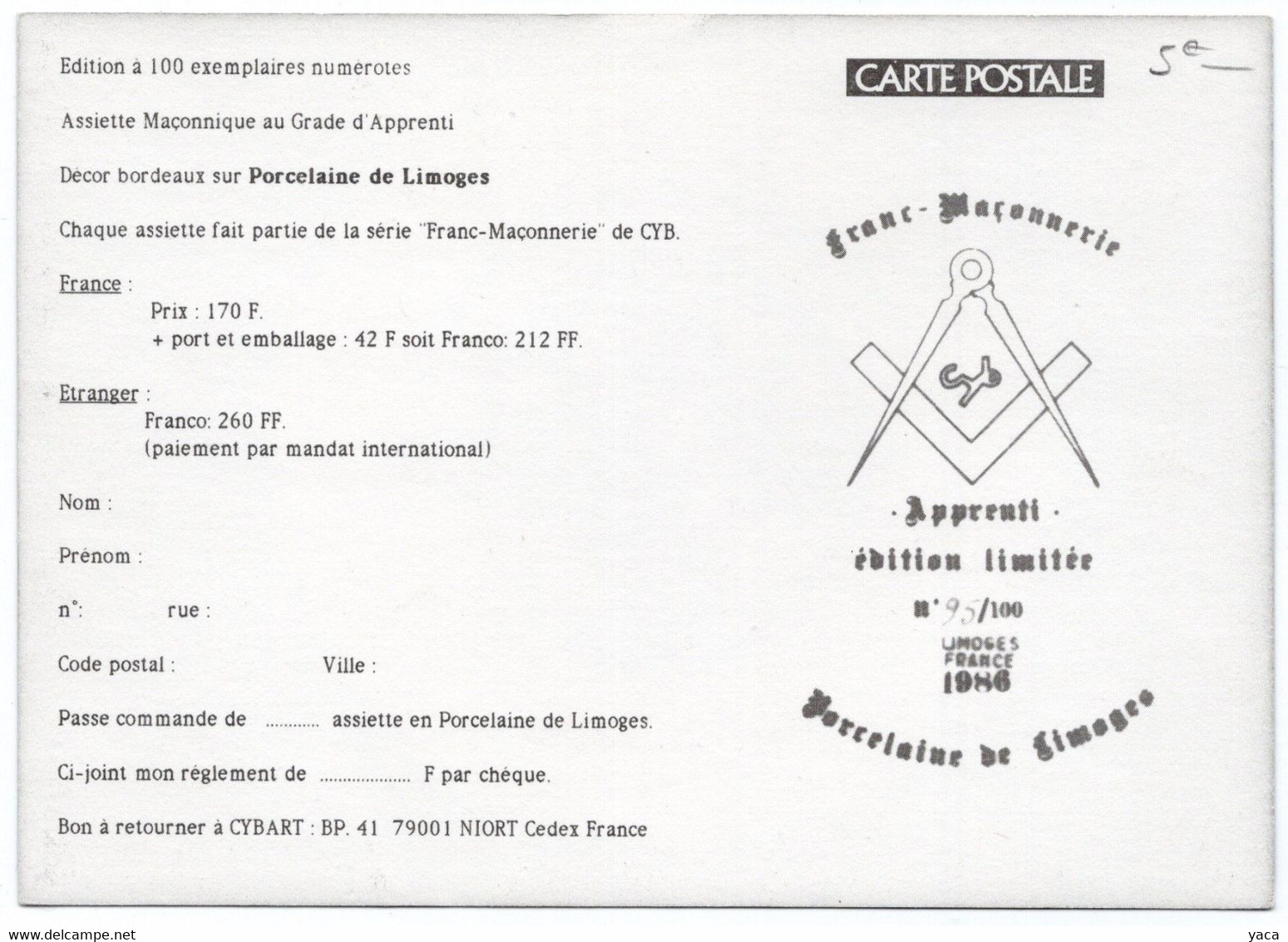 Carte Bon De Commande Pour  : Assiette  Au Grade D'apprenti   Franc Macon - Philosophie & Pensées