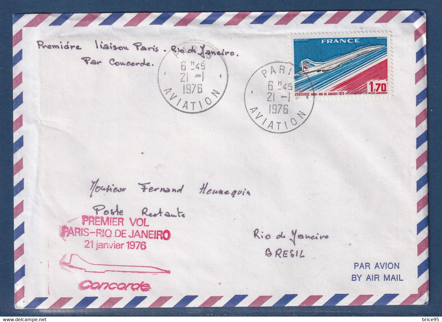 France - Premier Vol - YT PA N° 49 - Paris - Rio De Janeiro - Par Concorde - Poste Aérienne - 1976 - Primi Voli