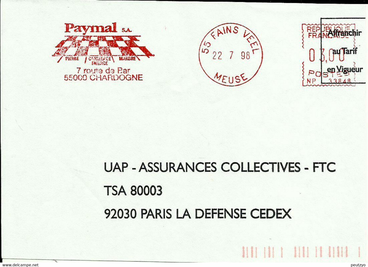 Lettre  EMA Secap Np 1998 Paymal Materiaux Sol Pierre Marbre Commerce  Industrie 55 Fains Veel Chardonne  A 64/28 - Autres & Non Classés