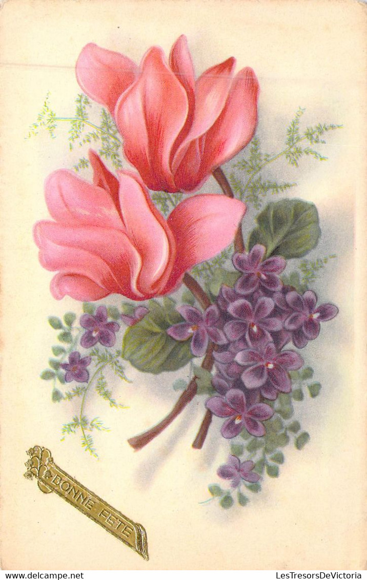 Fantaisie - Fleurs - Illustration - Fleurs Roses Et Violettes - Bonne Fête - Carte Postale Ancienne - Flowers