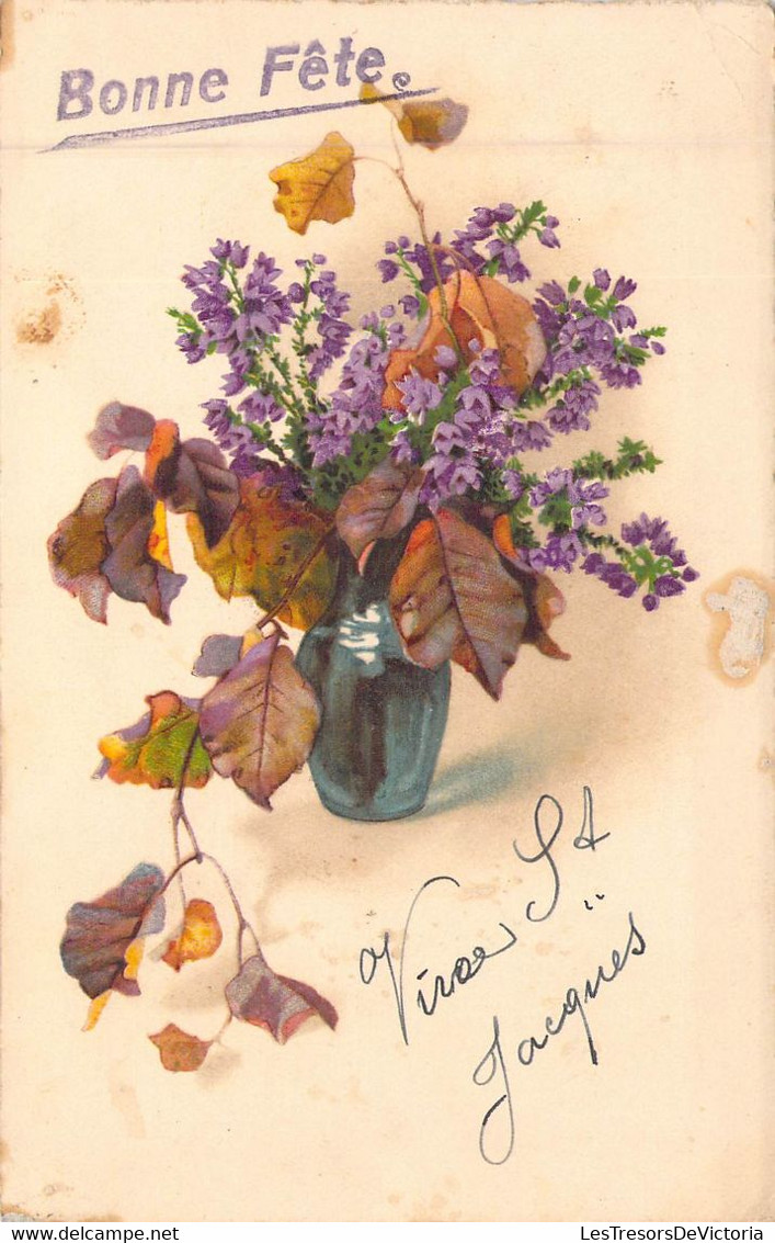Fantaisie - Fleurs - Illustration - Fleurs Violettes Et Feuilles Mortes - Vive St Jacques - Carte Postale Ancienne - Flowers
