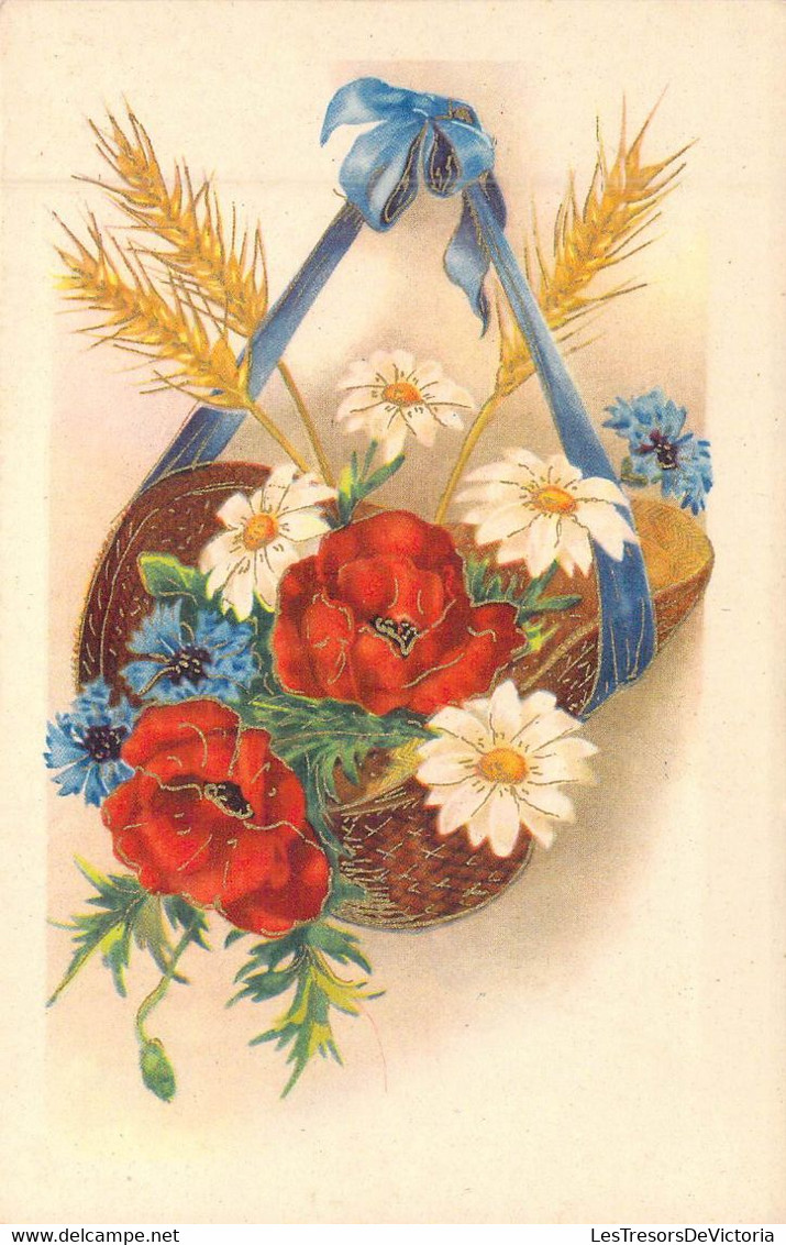 Fantaisie - Fleurs - Illustration - Marguerites Oeillets Et Coquelicots Dans Un Panier - Vases Carte Postale Ancienne - Fleurs