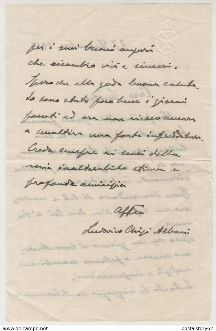 Ludovico Chigi Albani Della Rovere, Gran Maestro Del S.O.M. Ariccia 10/07/1866 - Roma 14/11/1951 Manoscritto Autografo - Autres & Non Classés